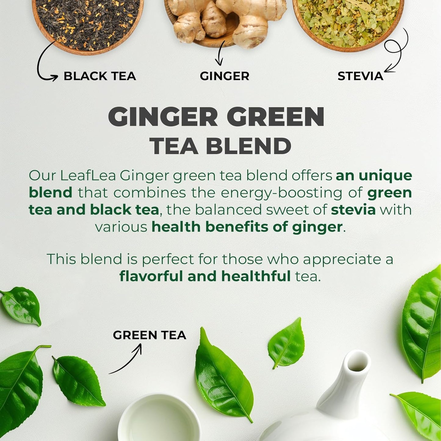 LeafLea Ginger Green Tea, 40 Individually Wrapped Tea Bags of Soothing Green Tea Blend with Natural Ginger Root, Sweetened with Stevia, Supports Digestion and Immunity, Low Caffeine, Sugar-Free