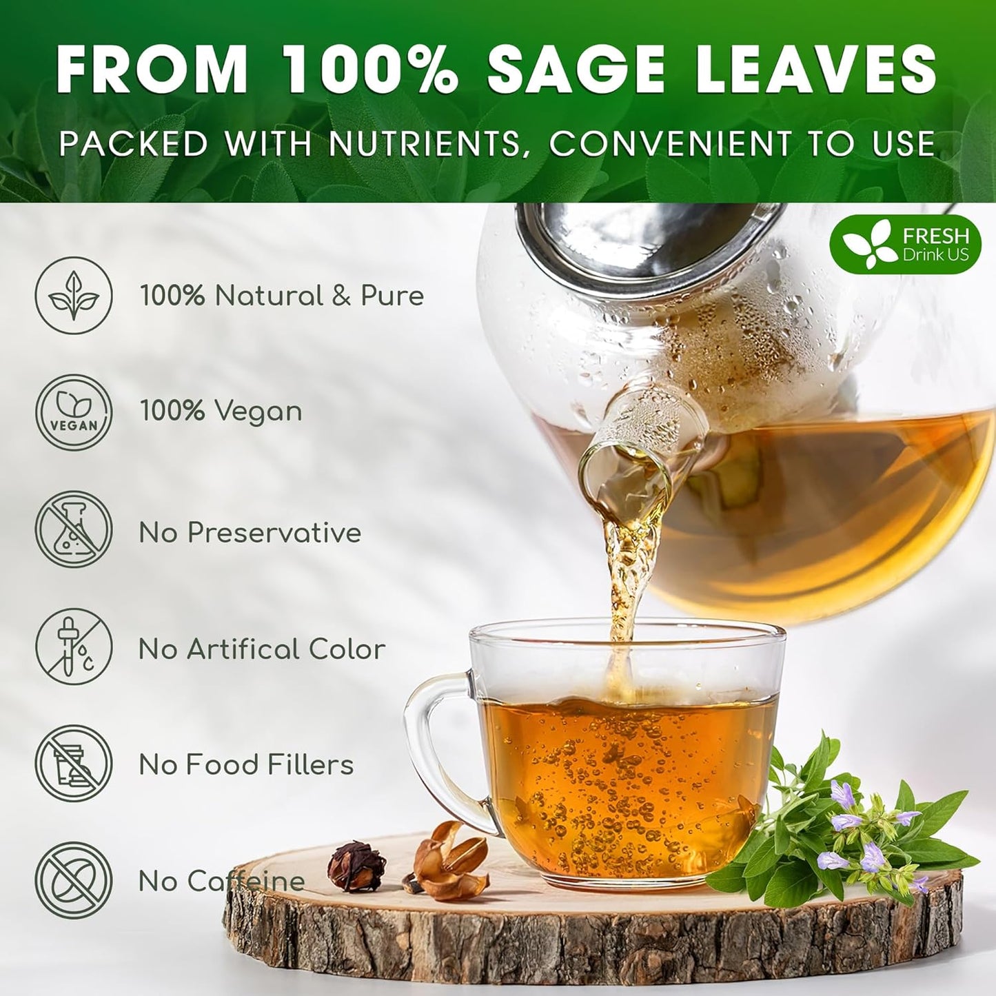 FreshDrinkUS Premium 135 Sage Leaf Tea Bags, 100% Natural & Pure. Loose Leaf Sage Herbal Tea. Made with Natural Material Tea Bags. No Sugar, No Caffeine, No Gluten, Vegan