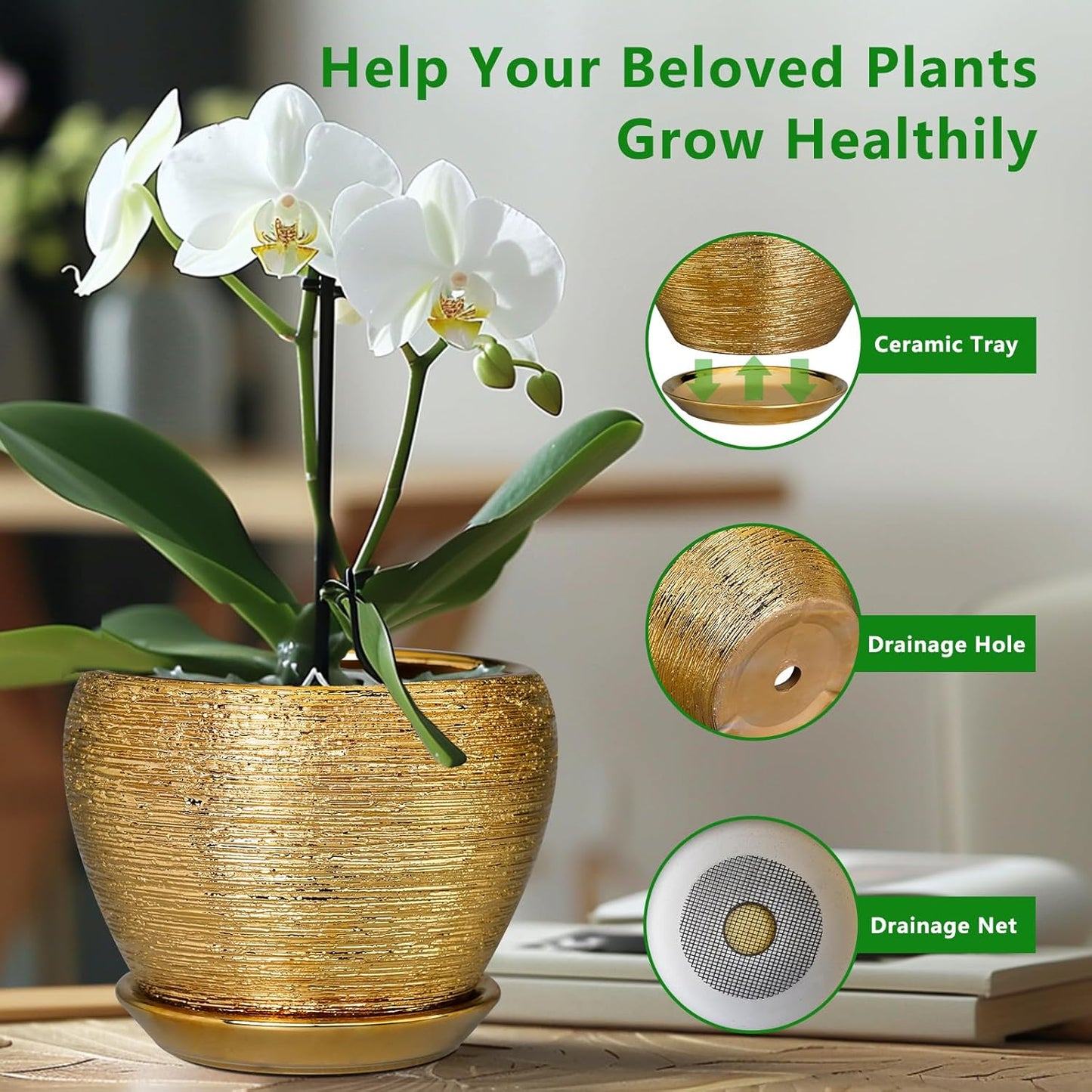 Ceramic Planter 10 Inch - Indoor Plant Pot with Drainage Hole and Saucer Large Decorative Planter Mid-Century Modern Flower Pot Outdoor for Home Decor Gold