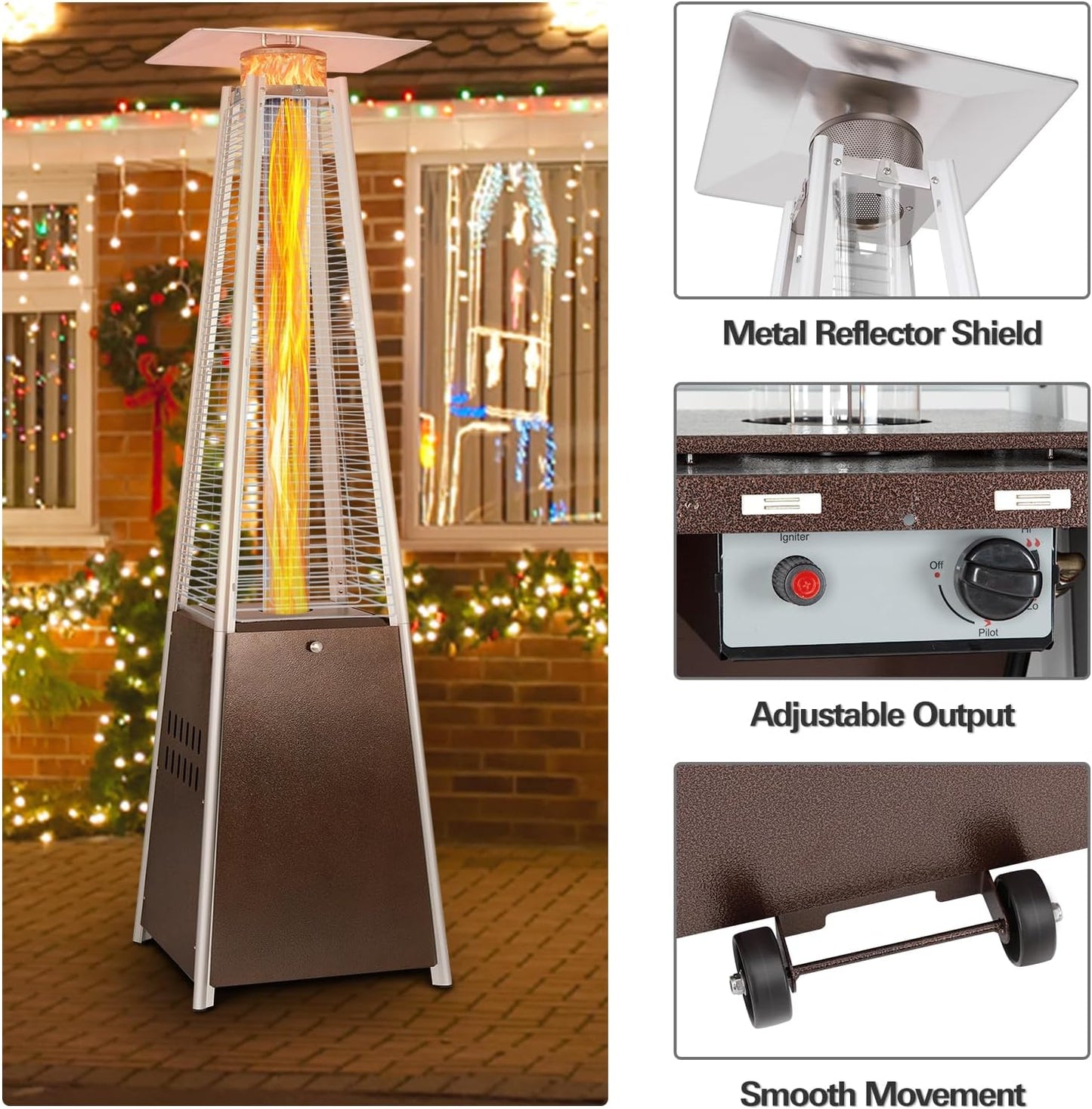 Hykolity Pyramid Patio Heater, 48000 BTU Glass Tube Propane Patio Heater with Wheels and Cover, Outdoor Propane Heaters for Patio, Backyard, Garden, Porch, and Pool, Bronze