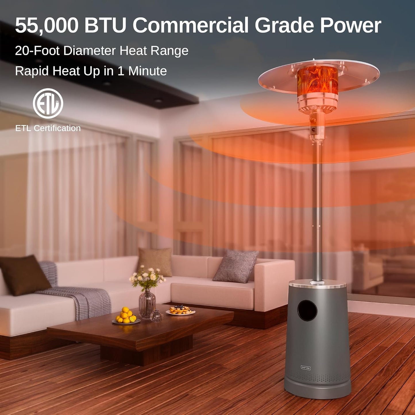 EAST OAK 55,000 BTU Patio Heater with Sand Box, Table Design, Thicker Stainless Steel Burner, Wheels, Triple Protection System, Propane Outdoor Heater for Home and Residential, Commercial Grade, Grey