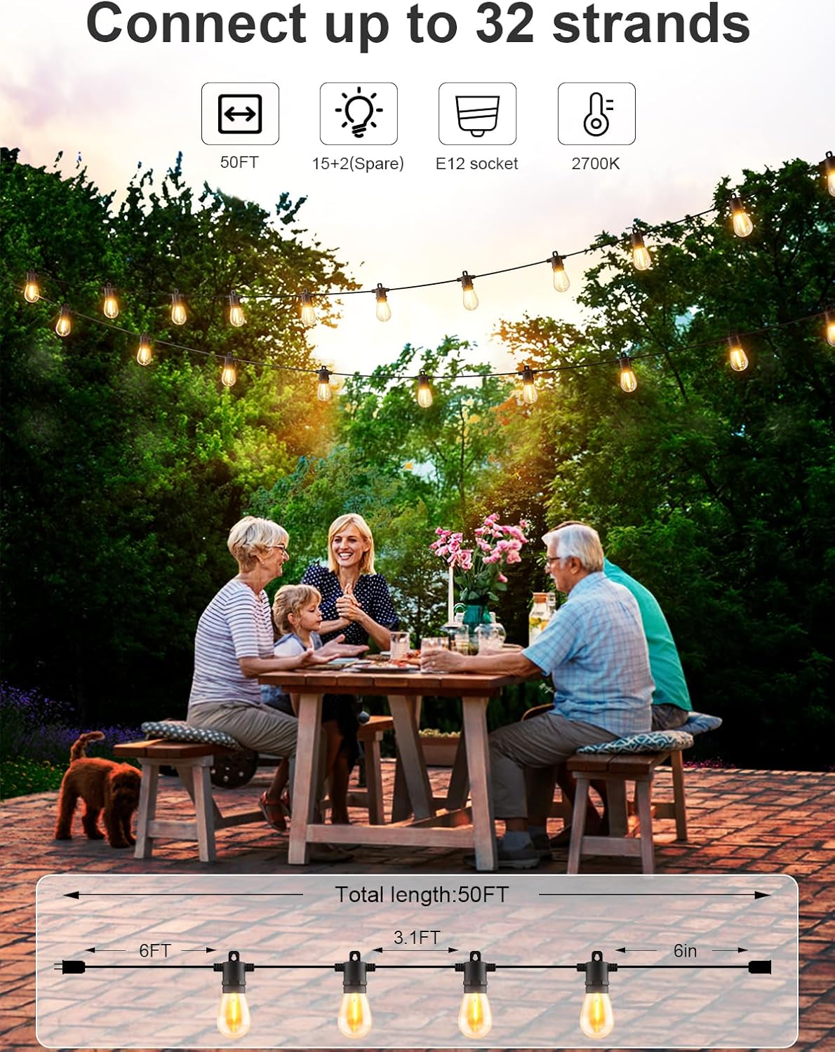 Svater Outdoor String Lights 50 FT, Patio Light for Outside with Shatterproof LED Bulbs, IP65 Waterproof Connectable Hanging Lights for Backyard, Bistro, Cafe, Balcony, Party, Black