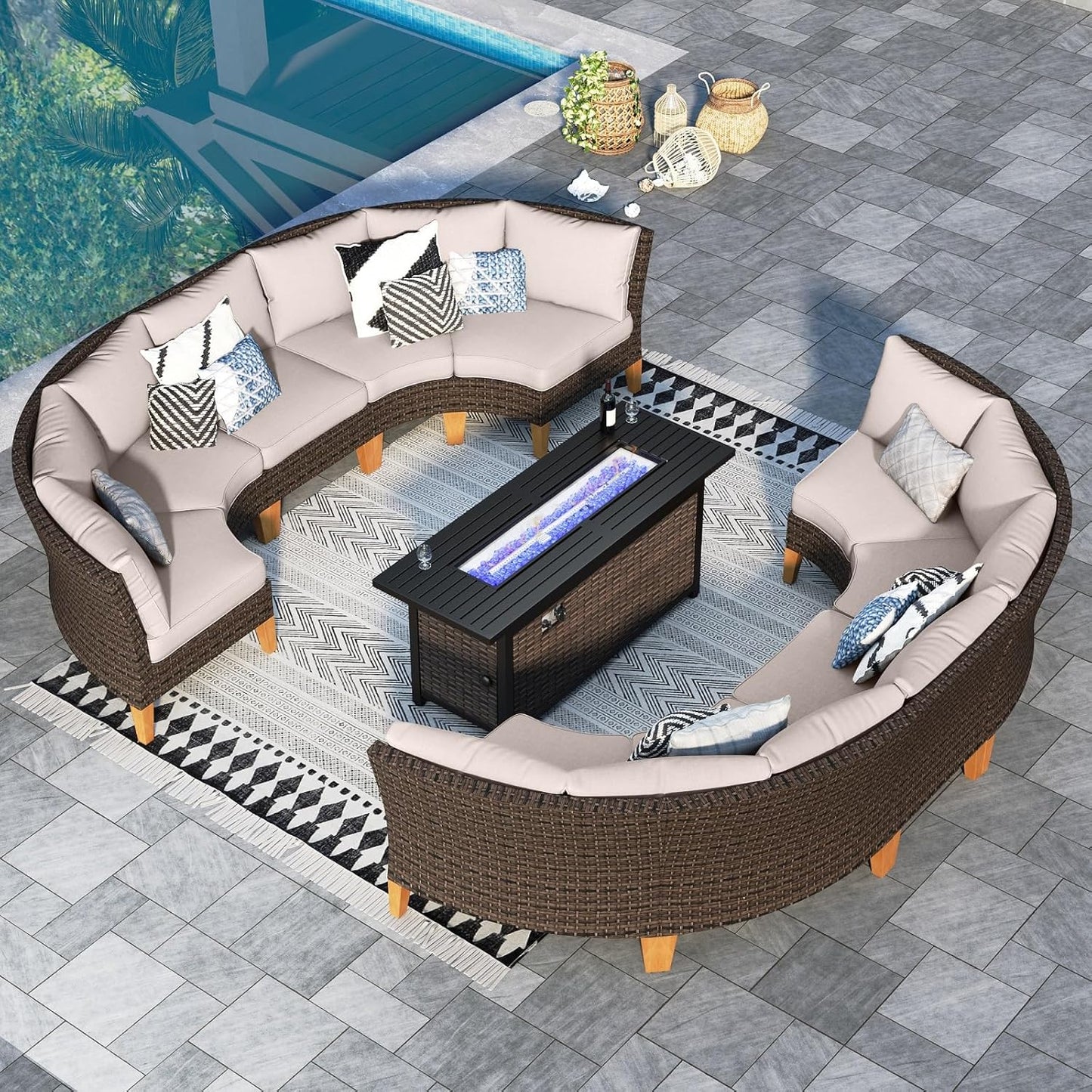 Sophia & William Patio Furniture Set with Fire Pit Table, 11 Piece Half Moon Outdoor Wicker Sectional Sofa Set, Curved Rattan Conversation Set with 56-Inch Fire Pit Table(Beige)