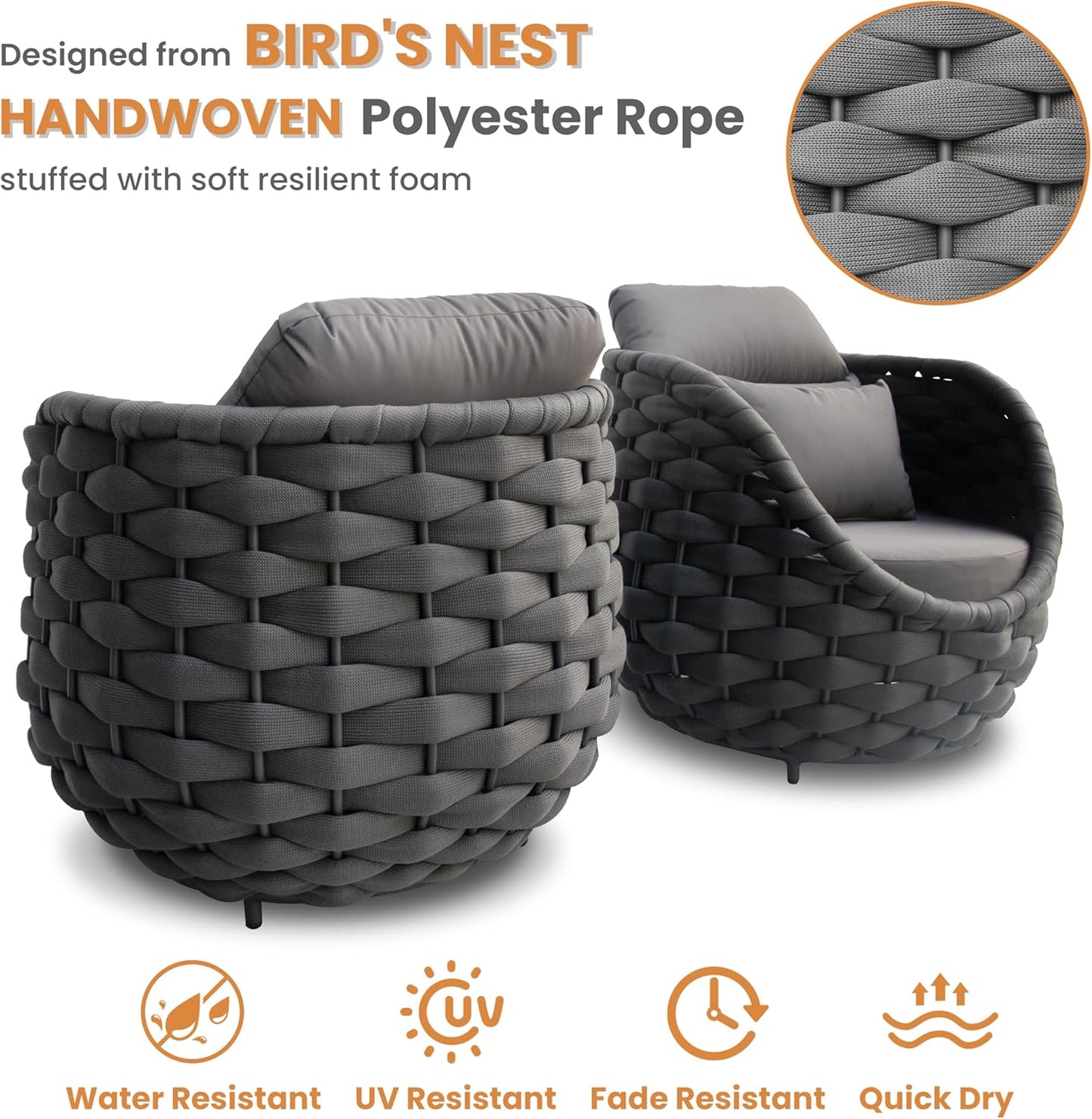 Balcony Furniture Set for Apartments: 4 Pieces Aluminum Woven Rope Patio Conversation Set - Modern Cushioned Lounge Chair Set - Assembled Porch Armchair for 400lbs Garden Lanai Hotel, Dark Grey