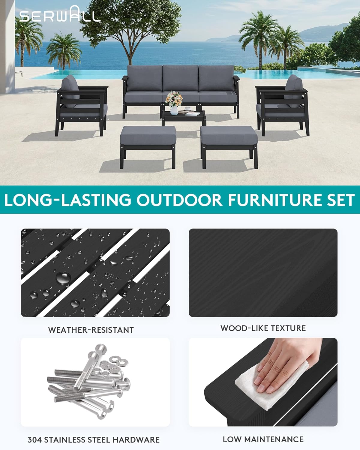 SERWALL HDPE Patio Furniture Set, 8 Pieces Composite Outdoor Furniture, All-Weather Wood-Like Outdoor Sofa Couch with Coffee Table for Deck, Lawn, Black Frame with Grey Cushion