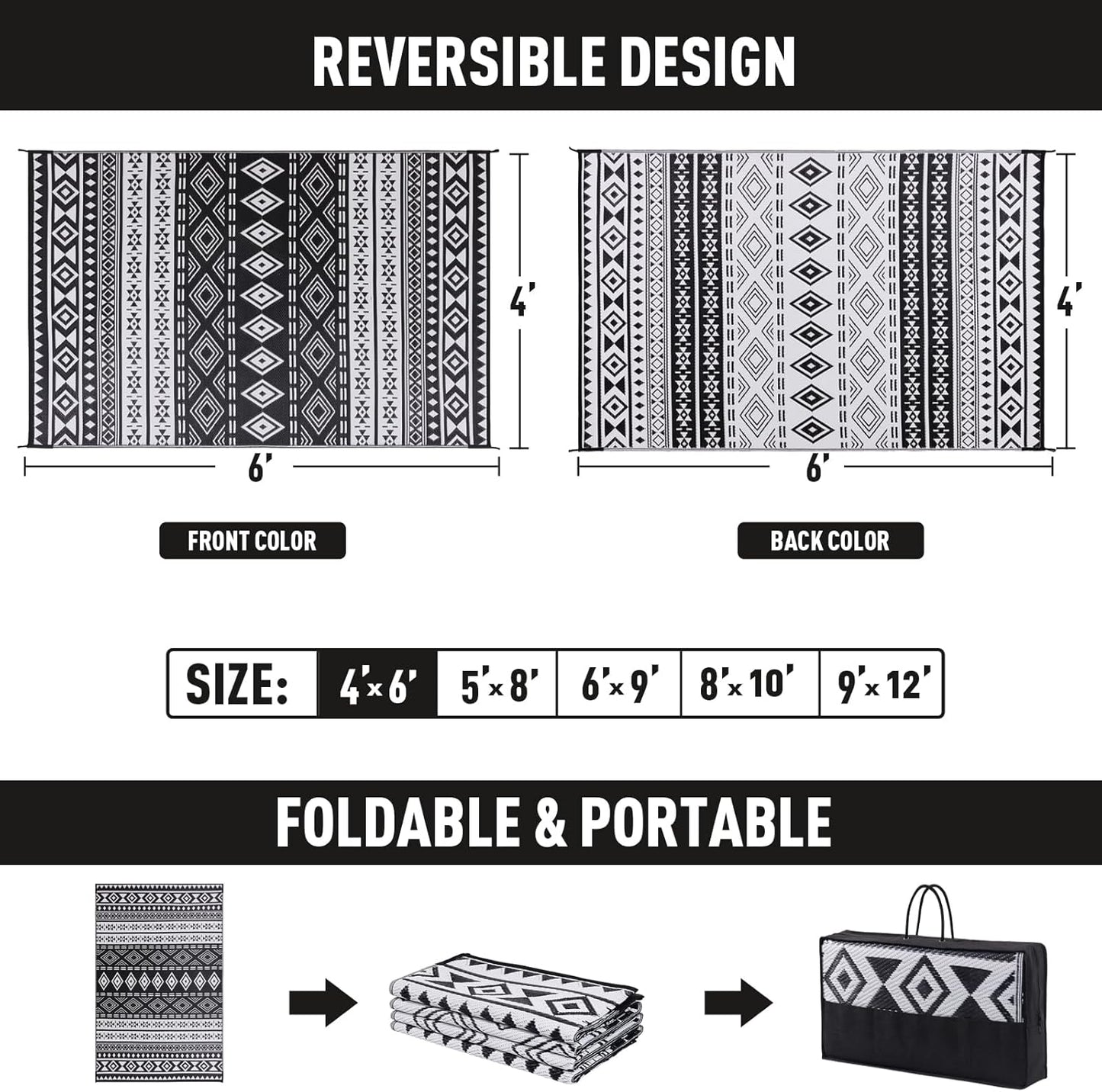 WILDROOTS 6x9 Feet Black and White Plastic Outdoor Rug, Stain Resistant Waterproof Reversible Outdoor Patio Rug, Fade Resistant Camping Rug