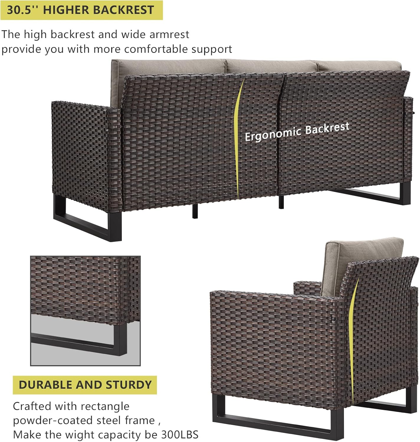 HUMMUH 5 Piece Patio Furniture Set with Fire Pit Table 41in 55,000 BTU,Wicker Outdoor Conversation Sets -Patio Sofa Outdoor Chairs Set of 2 for Porch,Garden,Backyard