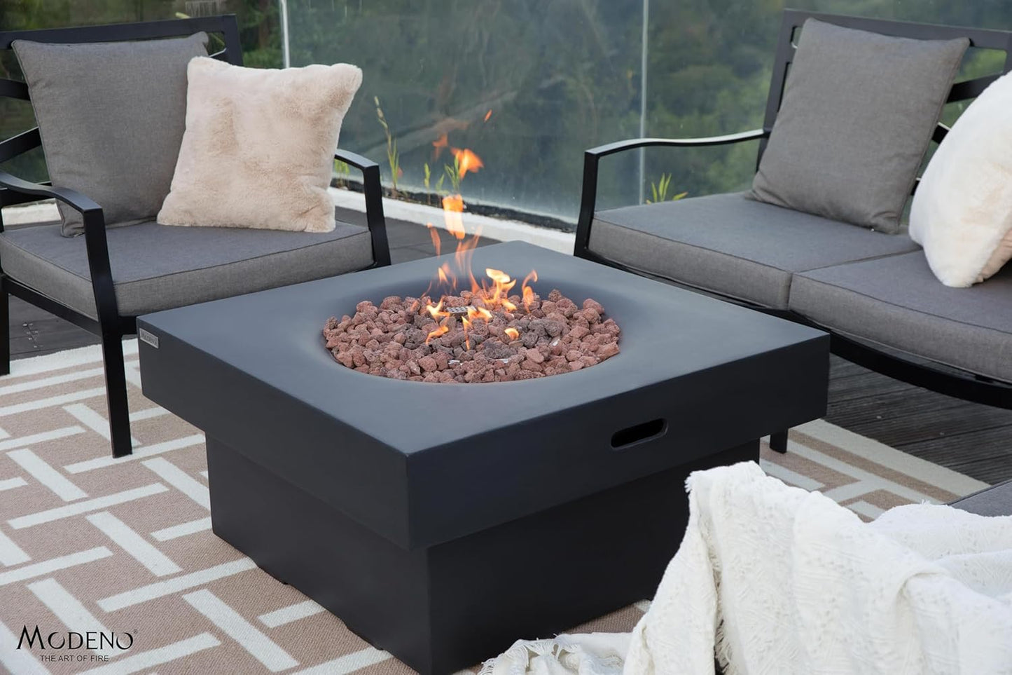 AMS Fireplace | Modeno Branford Package | Black Liquid Propane Gas Fire Pit Table for Outside Patio Bundle with Tank Cover, Wind Guard | Free Ice Bucket & Rubber Mat