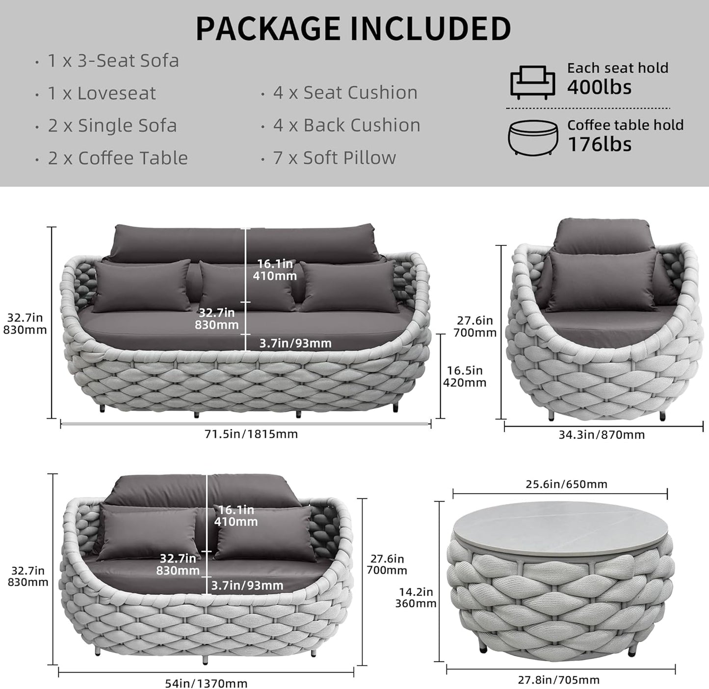 TWT Outdoor Patio Furniture Set 6 Pieces Aluminum Sectional Sofa, Metal Patio Conversation Set with Threeseat, Loveseat & Armchair, Cushion and Coffee Tables
