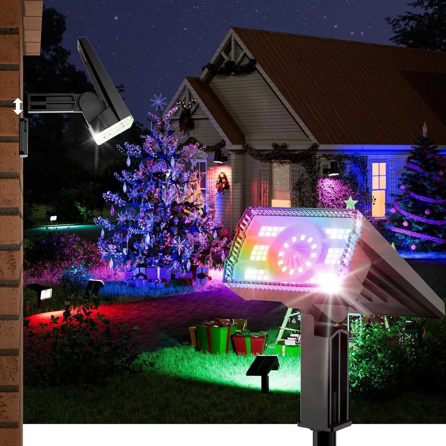 Solar Spot Lights Outdoor, 58 LED 8 Color Modes Solar Spot Lights, Multicolor RGB Flood Light Waterproof IP67, 2-in-1 Wall Light for Tree Garden Pathway (Multicolor, 1 Pack)
