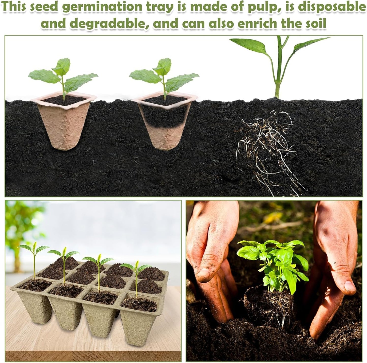 PINVNBY 288 Cells Seed Starter Tray 24 Packs Biodegradable Peat Pots for Seedlings Disposable Seedling Starter Trays with 24 Labels and 2 Transplant Tools for Indoor Outdoor Garden