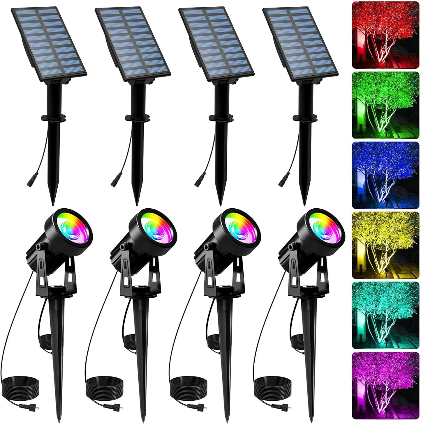 T-SUNUS Color Changing Solar Landscape Spotlights 4 Pack, IP65 Waterproof RGB Spot Lights 9.8ft Cable, Separated Panel Garden Light for Flag Outdoor Yard Driveway Porch Walkway Pool Patio