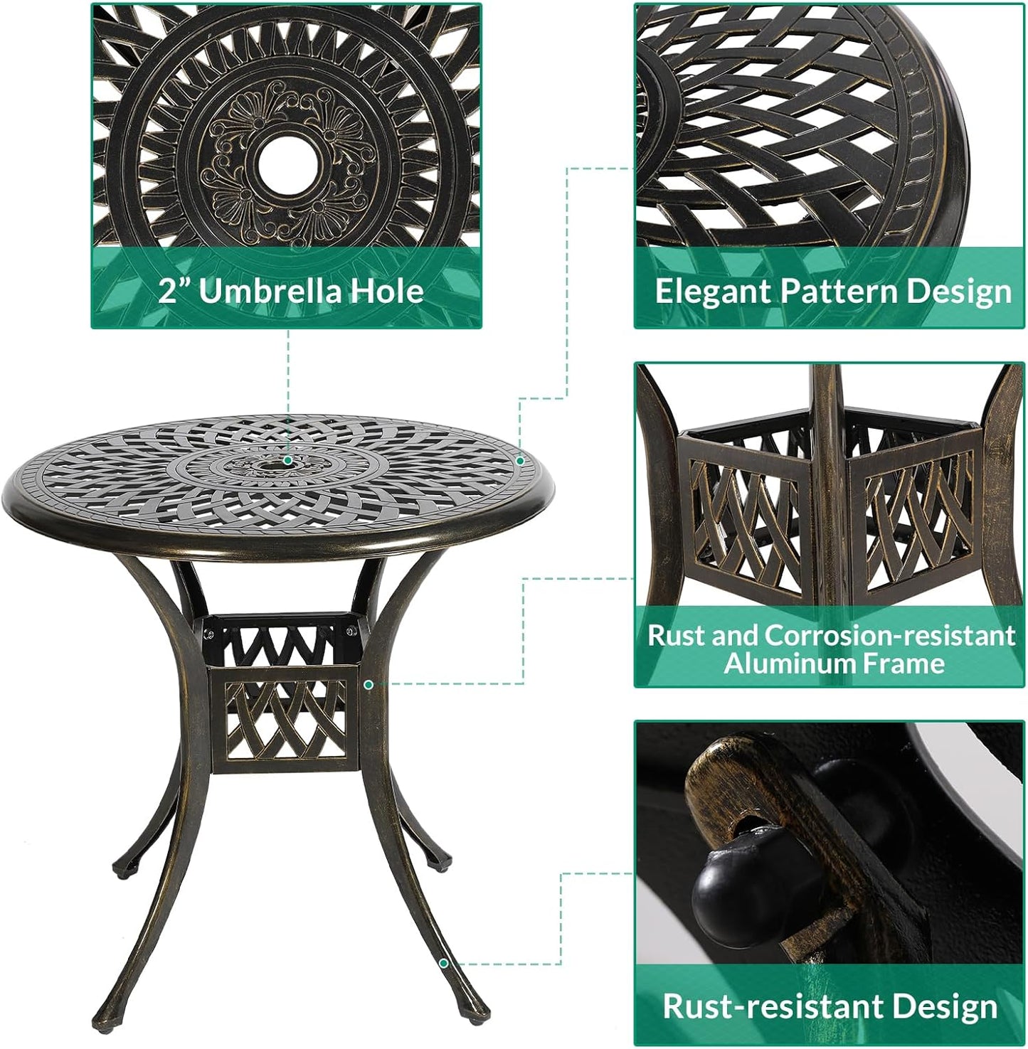 VIVIJASON 3-Piece Patio Furniture Dining Set, Outdoor All-Weather Cast Aluminum Bistro Set, Include 2 Swivel Chairs and 31" Round Table w/Umbrella Hole for Balcony, Lawn, Garden (Ocean Blue Cushion)