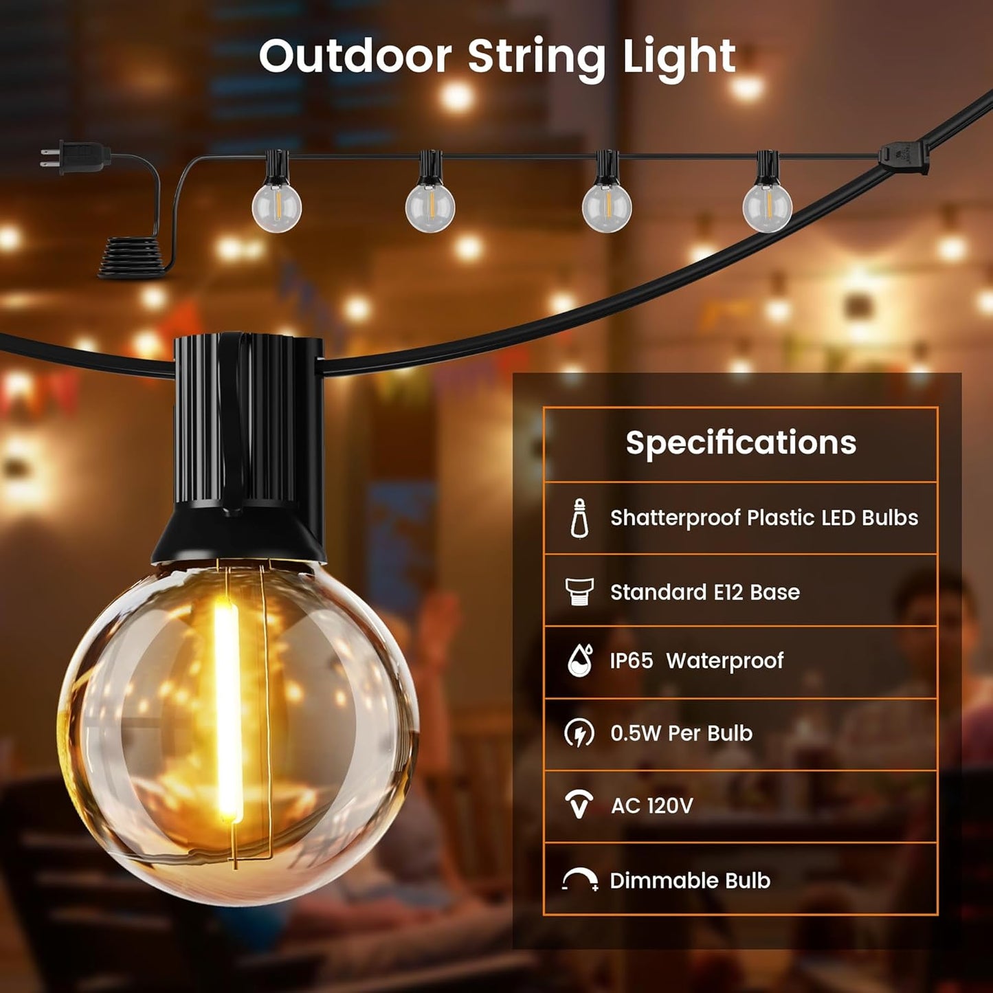 OHLUX Outdoor String Lights, 27 FT G40 Globe LED Patio Lights with 13 Dimmable Plastic Bulbs(1 Spare), 2200K Waterproof Connectable Hanging for Backyard Porch Cafe Party Decor, E12 Socket Base