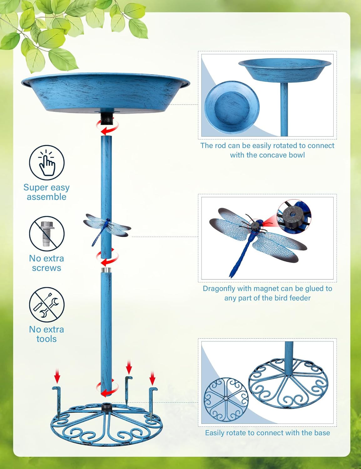 Bird Baths for Outdoors 25.5 Inch Height Outdoor Garden Bird Feeder Metal Birdbath with Dragonfly for Garden Yard and Lawn Decoration,Blue