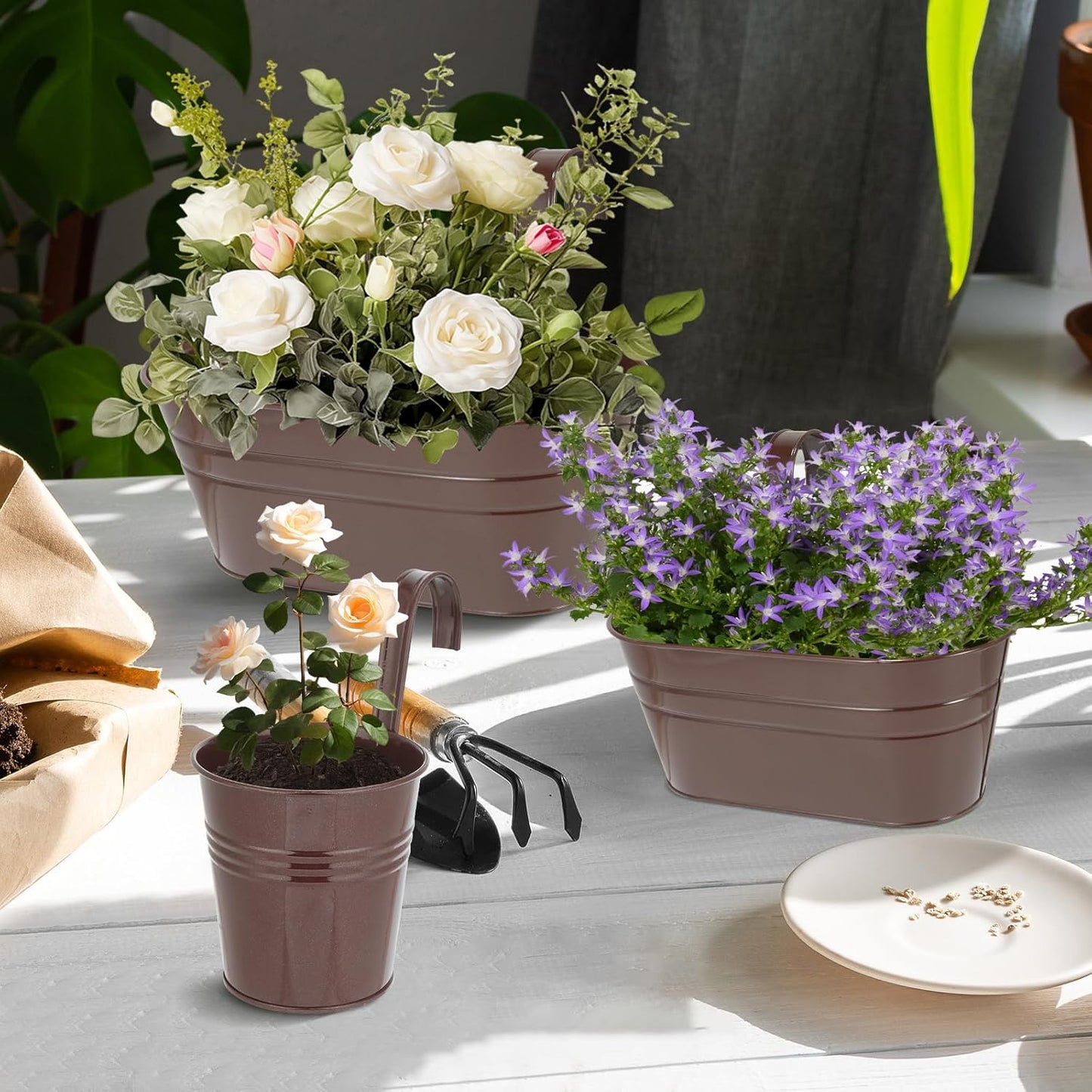 3 Different Size Metal Iron Hanging Flower Pots 13 Pcs for Outdoor Plants Metal Hanging Bucket Pots Iron Railing Fence Planter with Drainage Holes and Hooks for Porch Railing Balcony Fence (Bronze)