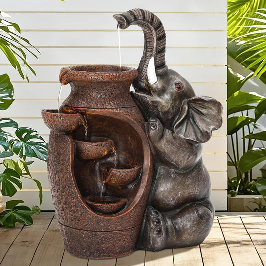 Elephant Outdoor Water Fountain with LED Lights and Pump, 18.9" Tall Resin Garden Waterfall Feature for Patio, Porch, Yard