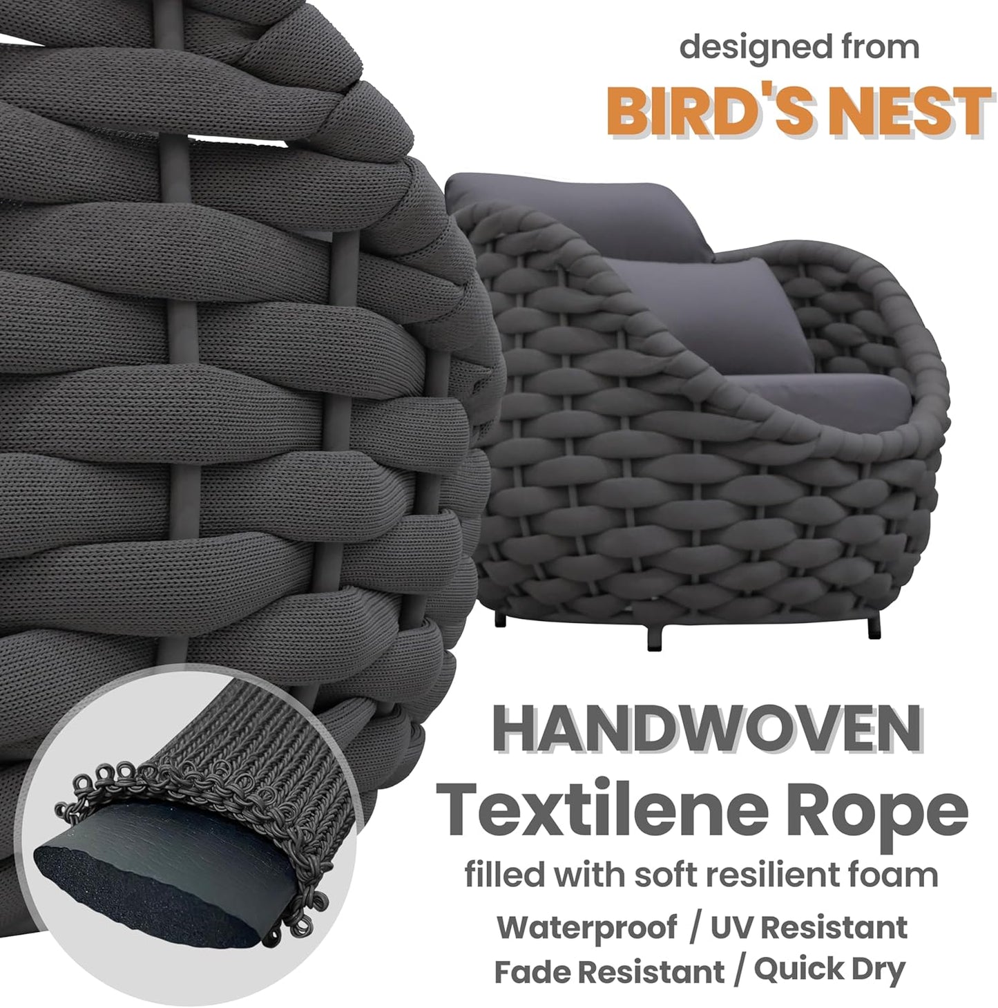 Aluminum Front Porch Furniture Set: 5 Pieces Woven Rope Patio Conversation Set - All Weather Cushioned Outdoor Sofa Set Assembled - Metal Modern Couch Set 400lb Deck Garden Pool Hotel, Dark Gray