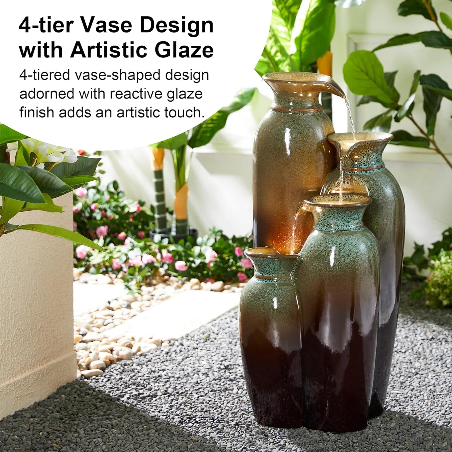 Glitzhome 30.75" H Vase Ceramic Outdoor Water Fountain with LED Lights and Pump, 4-Tier Olive Green and Brown Reactive Glaze Cascading Pots Standing Fountain for Porch Deck Garden Patio Backyard