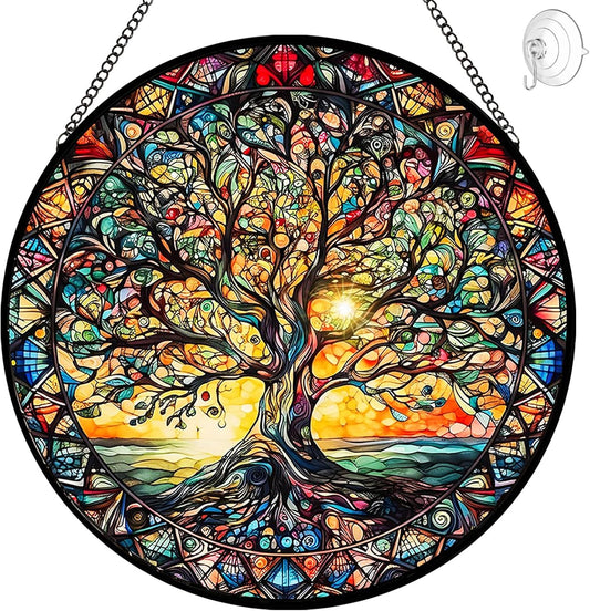 Tree of Life Suncatcher Stained Glass Window Hanging - 8″ Handmade Sun Catchers Indoor Window Catcher Suncatchers for Windows Hanging - Wall Art Home Garden Fall Decor Birthday Gifts for Women Men