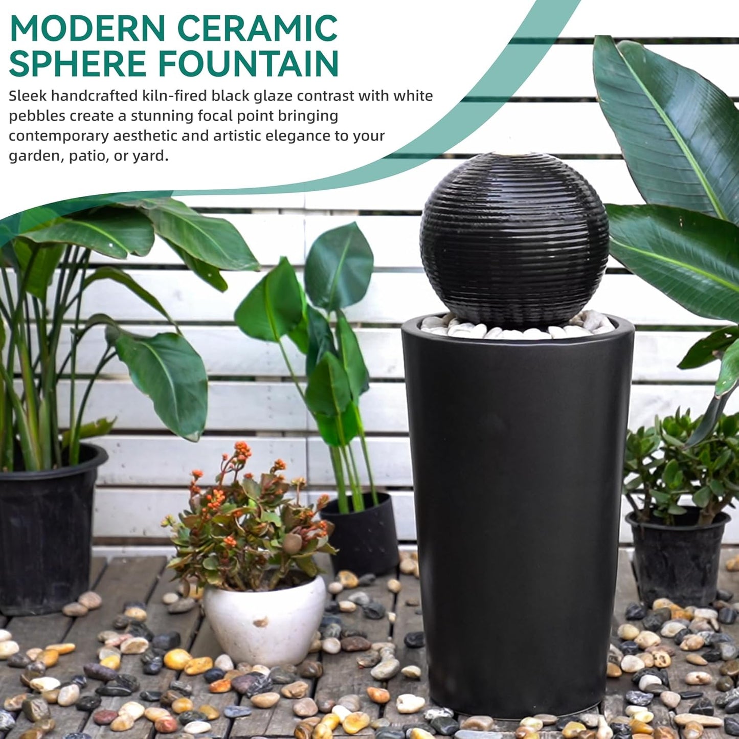 Autodaya 30" H Ceramic Sphere Water Fountain with LED Light, Modern Minimalist Design, Black Glaze with White Pebbles, Soothing Trickling Water Feature, Adding Artistic Charm & Tranquil Ambiance