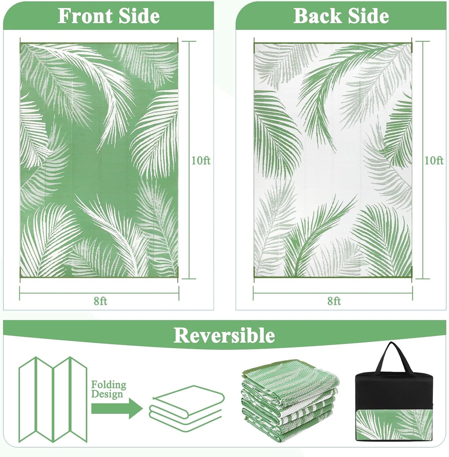 Pauwer Waterproof Outdoor Rug 8x10, Reversible Plastic Straw Patio Camping Rug, Indoor Outdoor RV Mat Carpet for Deck, Camper, Porch, Balcony, Backyard, Picnic, Leaf Green