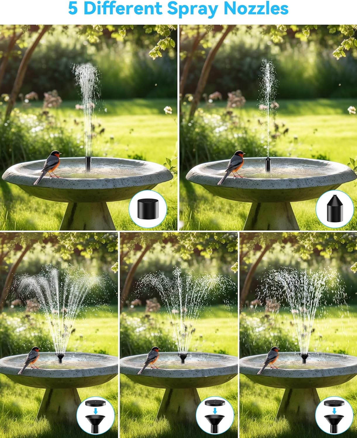 POPOSOAP Modern Black Solar Bird Bath Fountain Pump, 6W, 60GPH, 5 Nozzles, 9.84ft Cable, 4ft Tubing