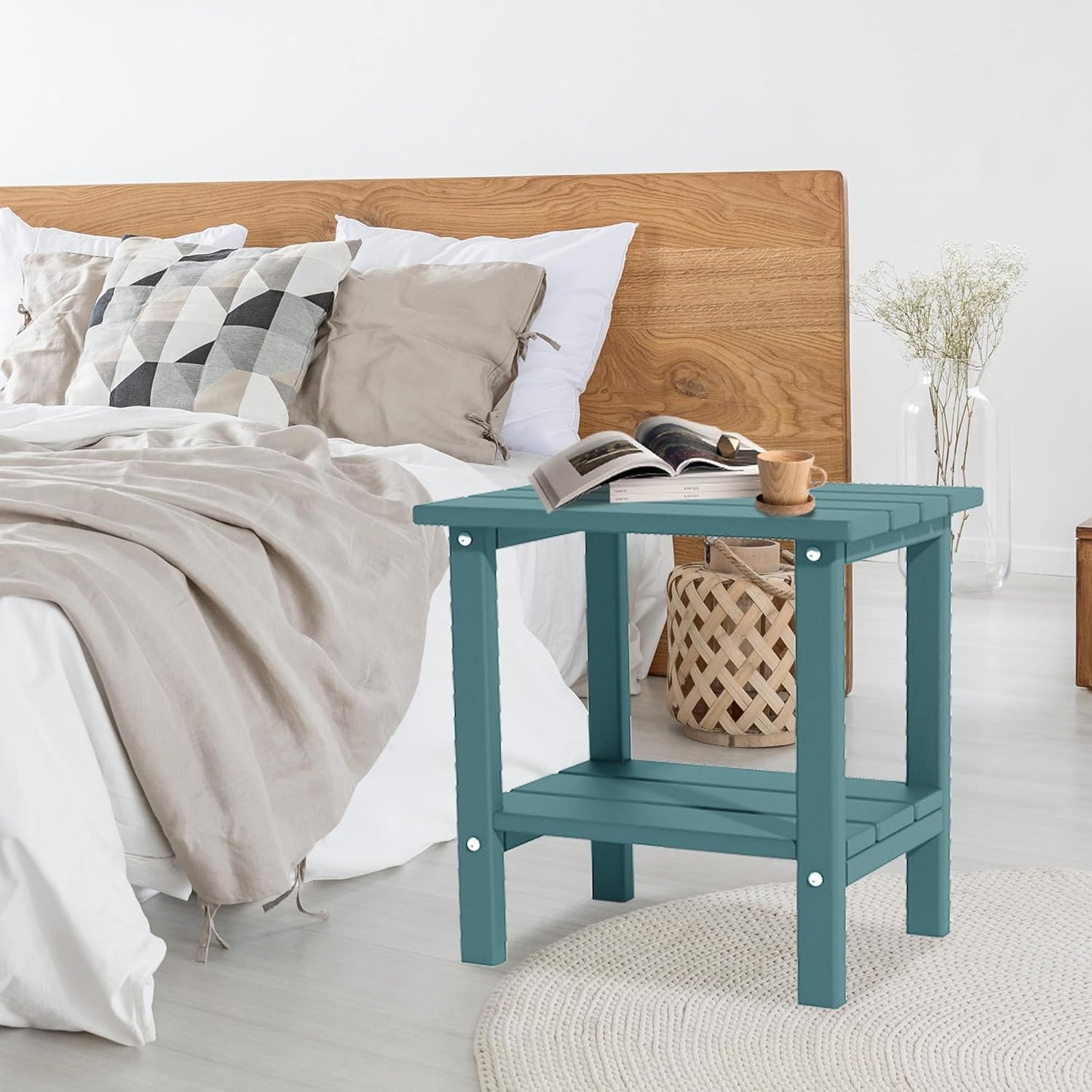 Outdoor Side Table, Weather Resistant HDPE Outdoor Table, 2-Tier Small Patio Tables for Outside or Indoor (Aruba Blue)