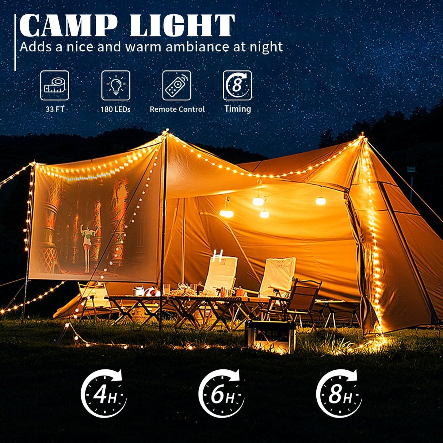 180LEDs 33FT Solar Camping String Lights,Outdoor Fairy String Lights with 13 Lighting Modes & Timer, Waterproof & Rechargeable, Camping Gear for Tent,Yard,Garden,Hiking,Travel Decor