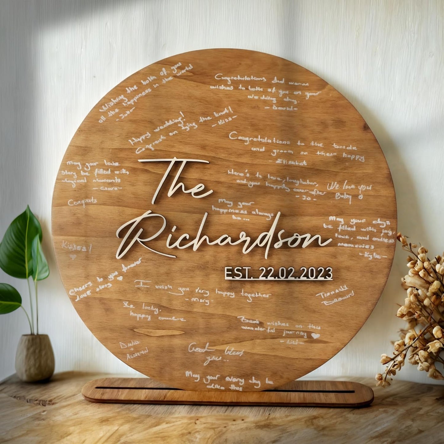 Wedding Guestbook Sign for Couple - Personalized Wooden Guest Book Alternative, Custom Round Rustic Wedding Decoration with Names & Date