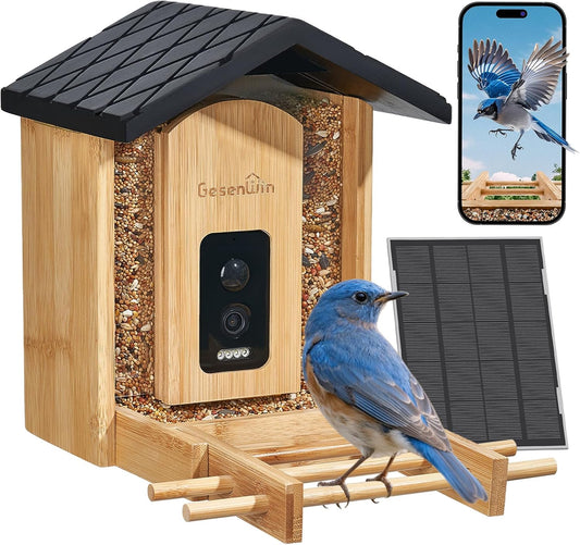 Smart Bird Feeder with Camera for Wild Birds - Identifies 11,000+ Species, Solar Panel Wireless Outdoors Bamboo Birdhouse with Cam, 2K HD Live Video & Instant Alerts - Bird Lover Gifts