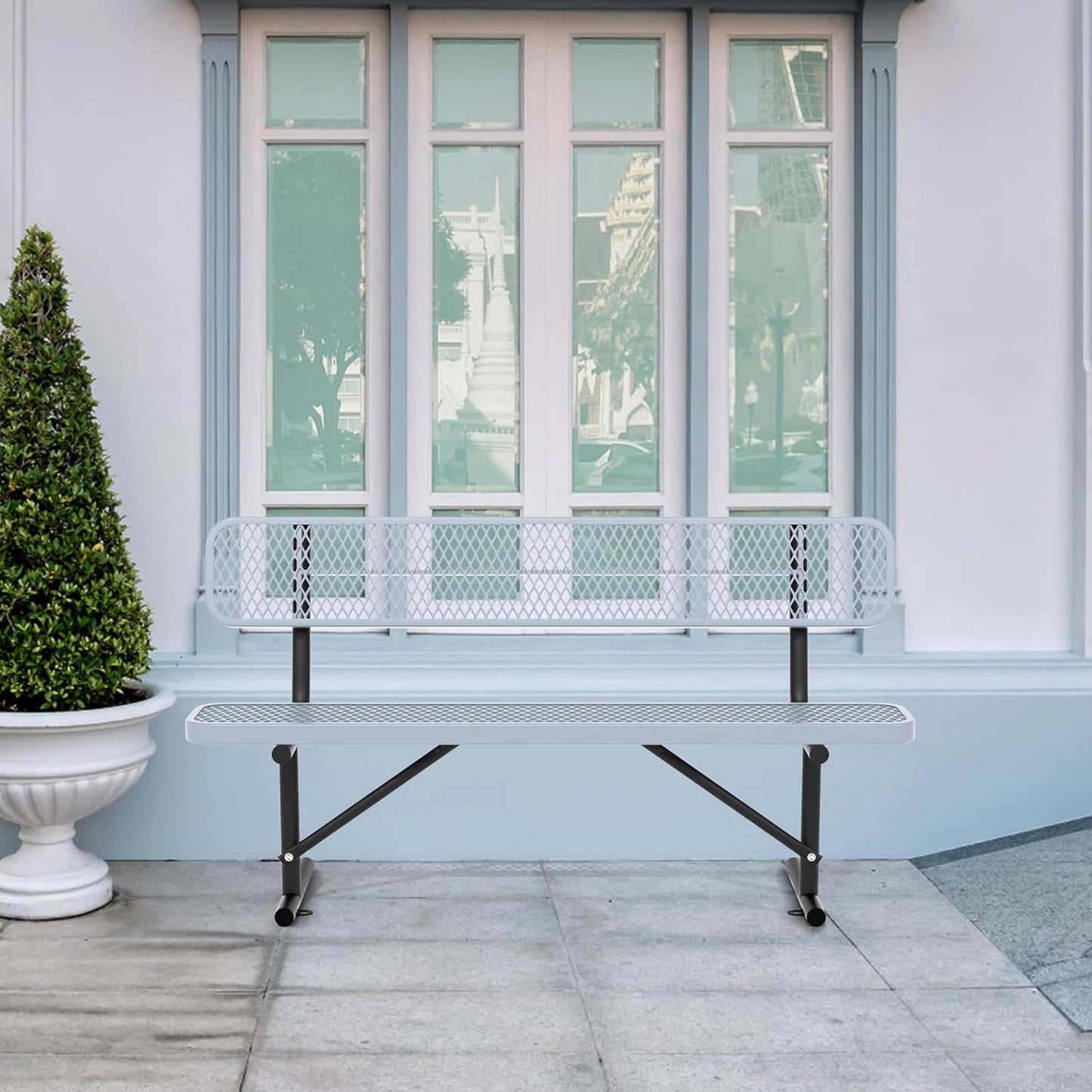 8 Feet Heavy Duty Metal Park Bench for Outside, Outdoor Bench with Backrest & Portable Frame, Commercial Benches for Shopping Malls, Stores, Parks, Patios, Decks, Grey