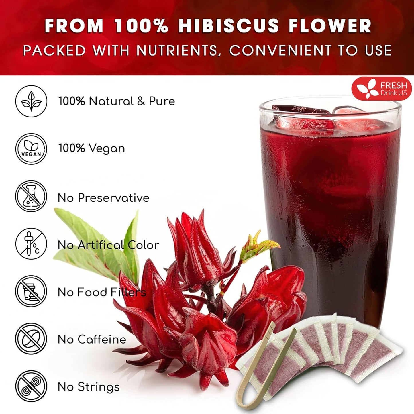 FreshDrinkUS, Premium 60 Hibiscus Flowers Tea Bags, 100% Natural & Pure, Loose Flower Herbal Tea. No Sugar, No Caffeine, No Gluten, Vegan. Great To Drink Hot Or Ice Tea