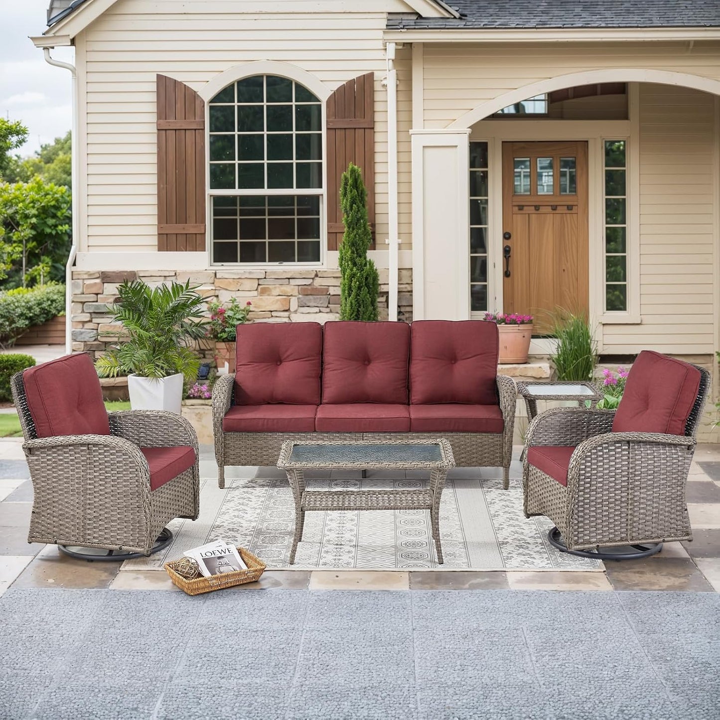 HUMMUH Wicker Patio Furniture Set-All Weather Rattan Patio Sofa Set with Swivel Rocker Chairs Outdoor Conversation Set for Deck Lawn Porch Balcony Poolside-Grey/Red