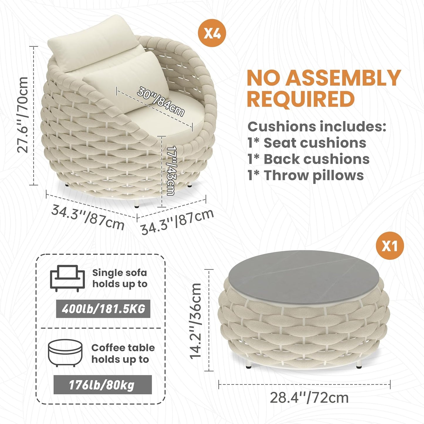 Woven Rope Patio Furniture Set: 5 Pieces Aluminum Outdoor Conversation Sofa Set All Weather - Cushioned Modern Deck Couch Set Assembled for 400lbs Front Porch Garden Lanai Sunroom Hotel, Beige