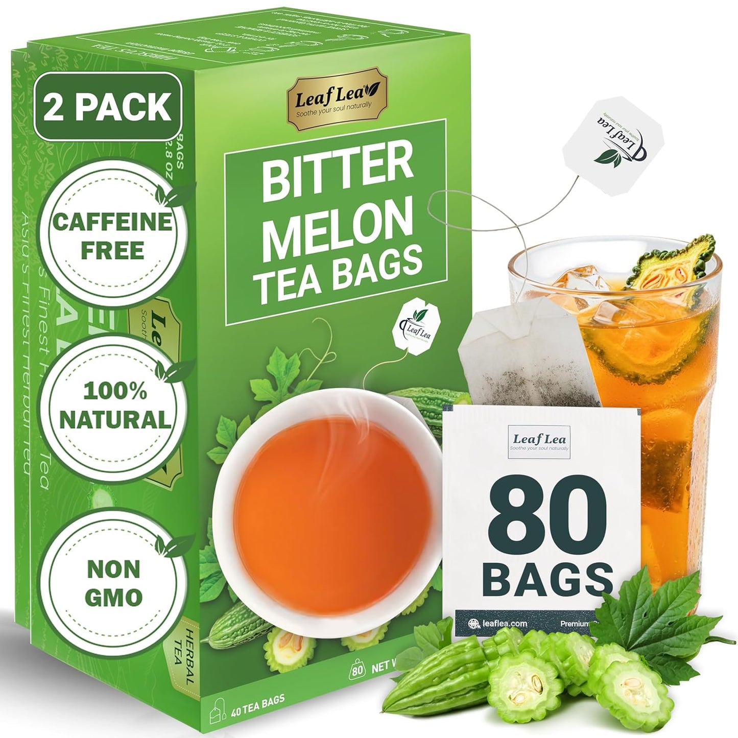 LeafLea 80 Bitter Melon Tea Bags, Premium Dried Momordica Charantia (Melon Amargo, Gohyah) Herbal Fruit Tea | Supports Wellness and Digestion | Caffeine-Free, Sugar-Free, Vegan, Pack of 2