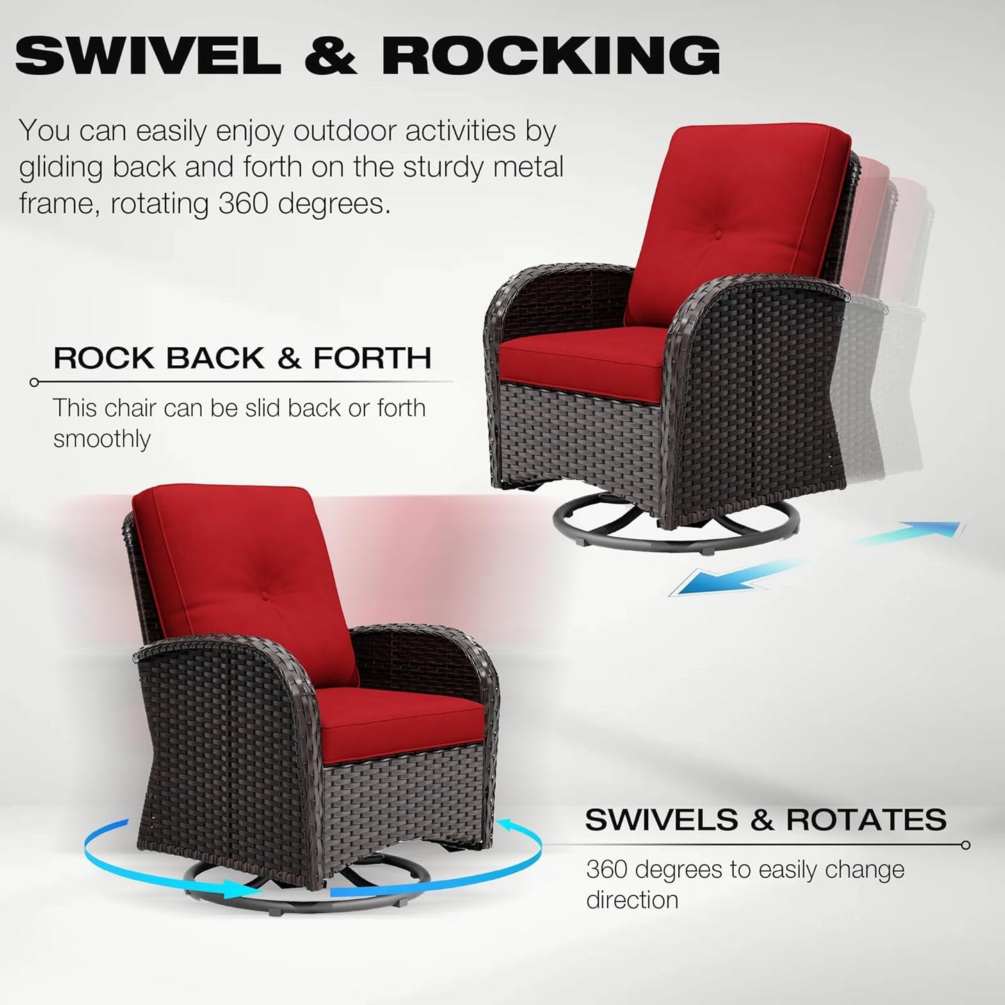 Joyside Outdoor Swivel Rocker Chairs, 3 Piece Wicker Patio Set with Thick Cushion and Side Table, Rattan Patio Swivel Rocking Chairs for Porch, Deck Use (Brown/Red, 3 PCS)