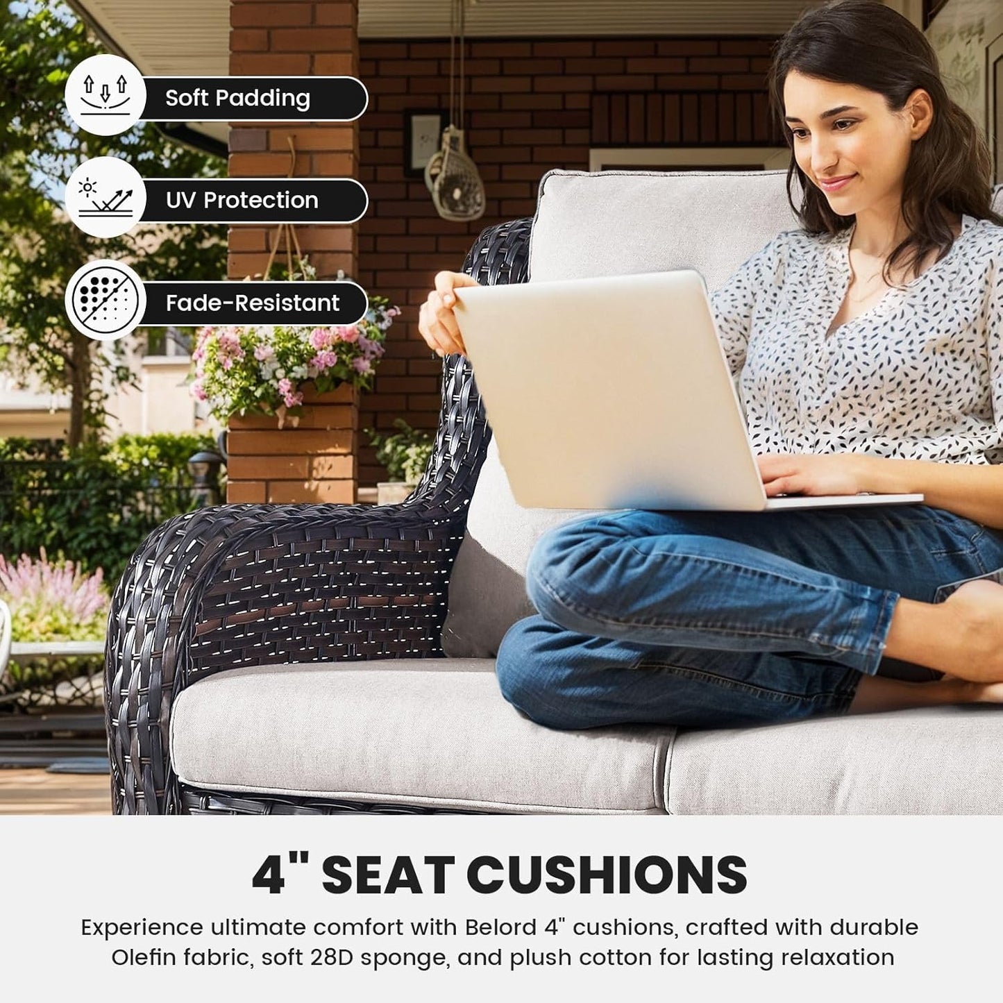 Outdoor Furniture 3-Seater Rattan Sofa Patio Wicker Sofa Couch Furniture Set with Washable Cushions