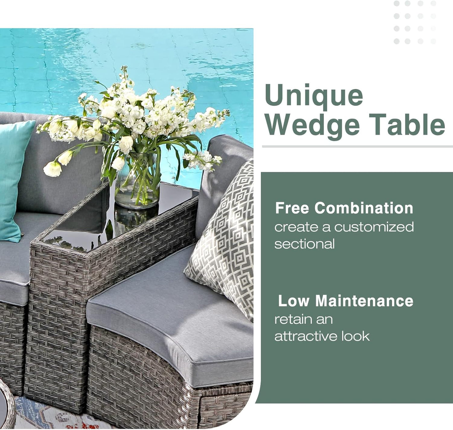 SUNSITT Outdoor Patio Furniture 11-Piece Half-Moon Sectional Round Set Curved Sofa with Tempered Glass Coffee Table, 4 Pillows, Grey Rattan