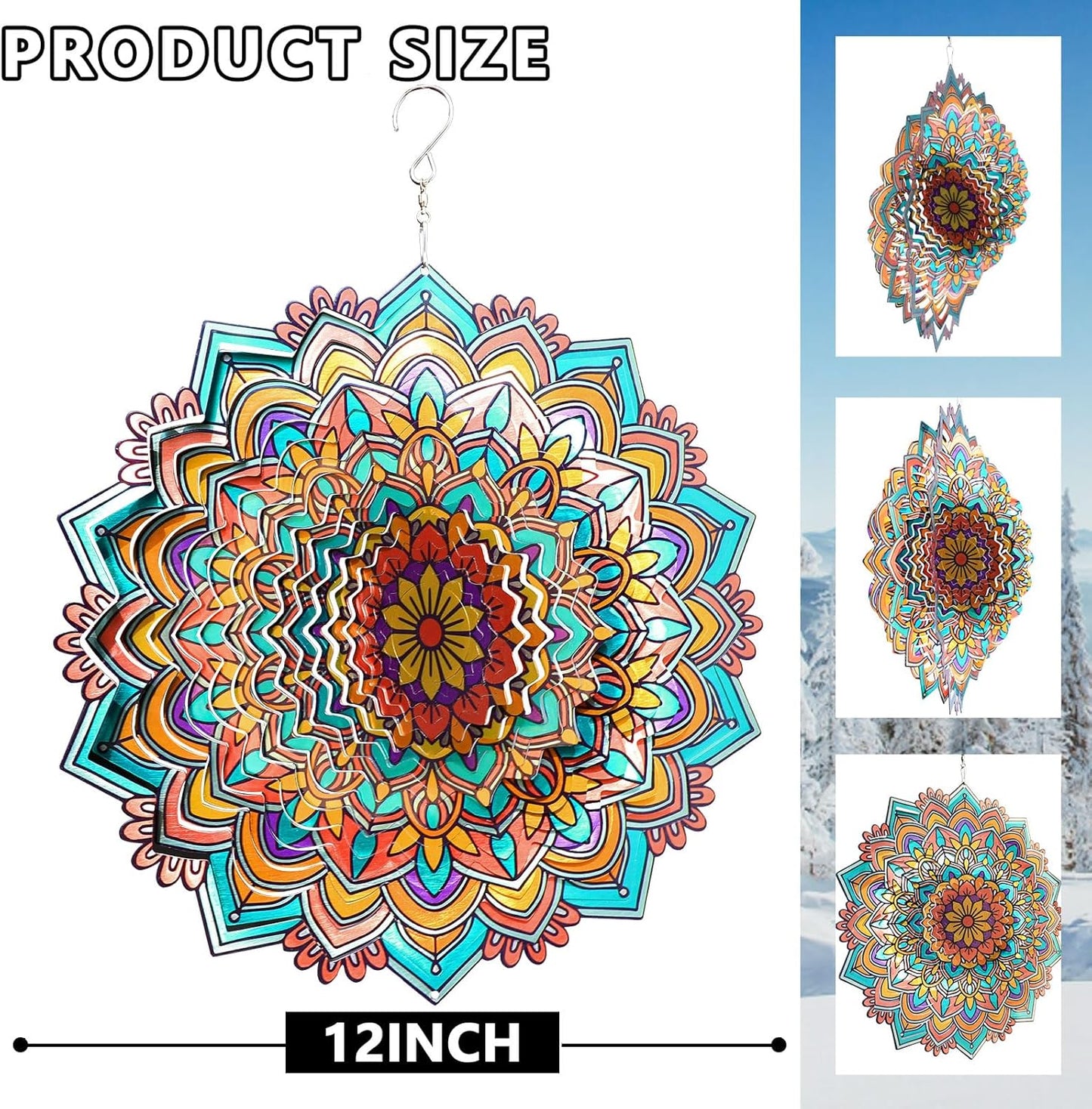 Mandala Daisy Wind Spinner - 12In 3D Kinetic Metal Wind Spinners, Stainless Steel Laser Cut Hanging Wind Sculpture, Indoor/Outdoor Garden & Yard Art Decor Gifts for Women, Men & Holidays