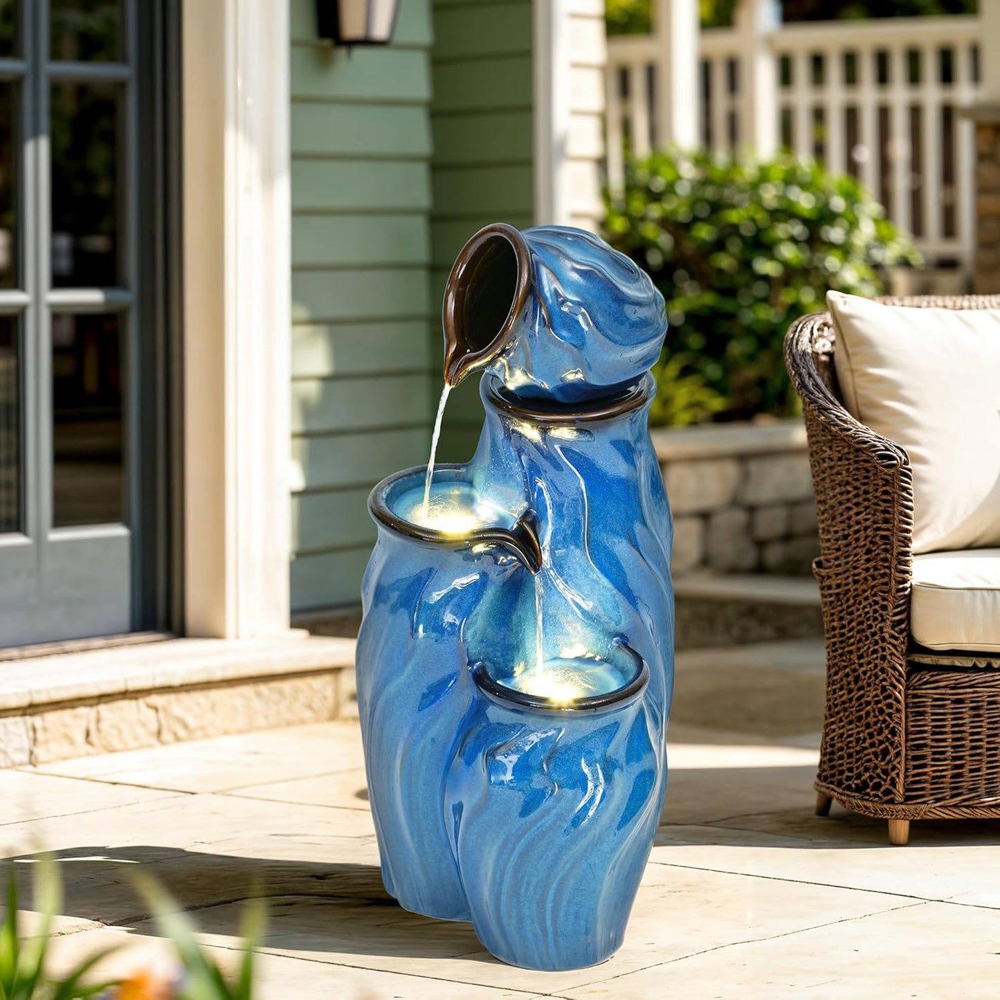 29" Tall Ceramic Outdoor Fountain and Waterfalls, 4-Tier Cascading Jars Water Feature, Tranquil Oasis for Relaxing Garden, Patio, Yard, or Porch Decor, Turquoise, Dynamic Wave-Texture