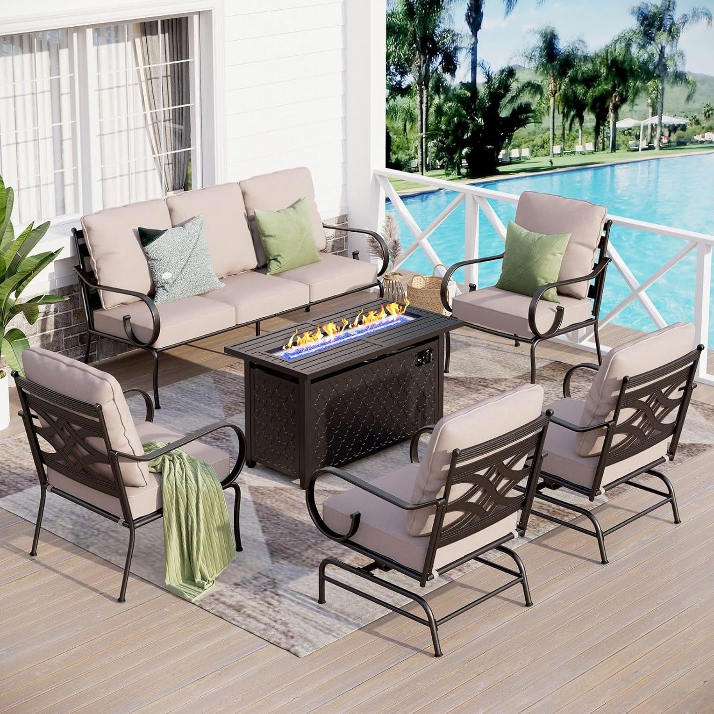 Sophia & William 6 Piece Patio Furniture Set with Fire Pit, Outdoor Conversation Sets 7 Seat Clearance with 45" Gas Fire Pit Table x 1, 3-seat Sofa x 1, Rocking Chair x 2,Cushioned Chair x 2, Beige