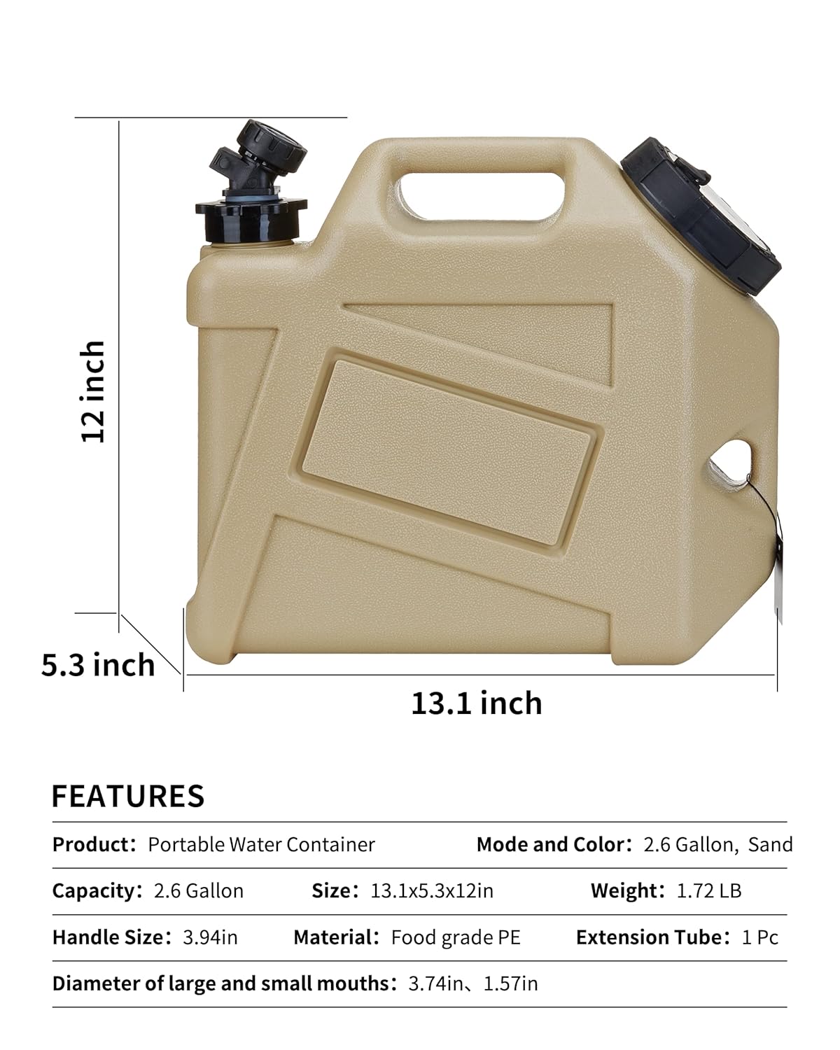 UPWOIGH Water Container, 2.6 Gallon Water Containers Jug, (13x12x5.3in) Truly No Leakage Water Storage, Small Warm Sand Color Water Tank,BPA Free Portable Emergency Water Storage for Camping, Hiking