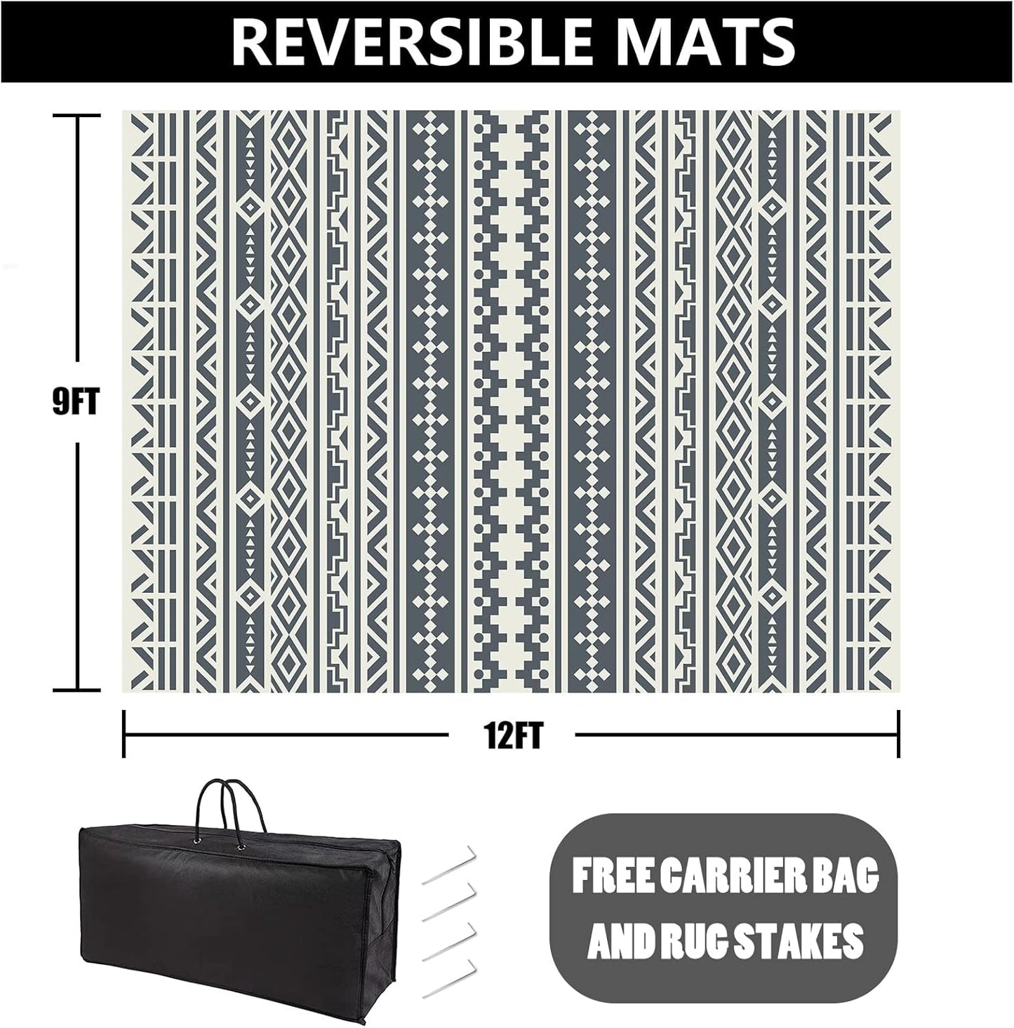 RV Waterproof Mat Outdoor Rugs 9'x12' for Patios Clearance Carpet Camping, Large Plastic Straw (9x12ft Geometric Boho Grey&White)