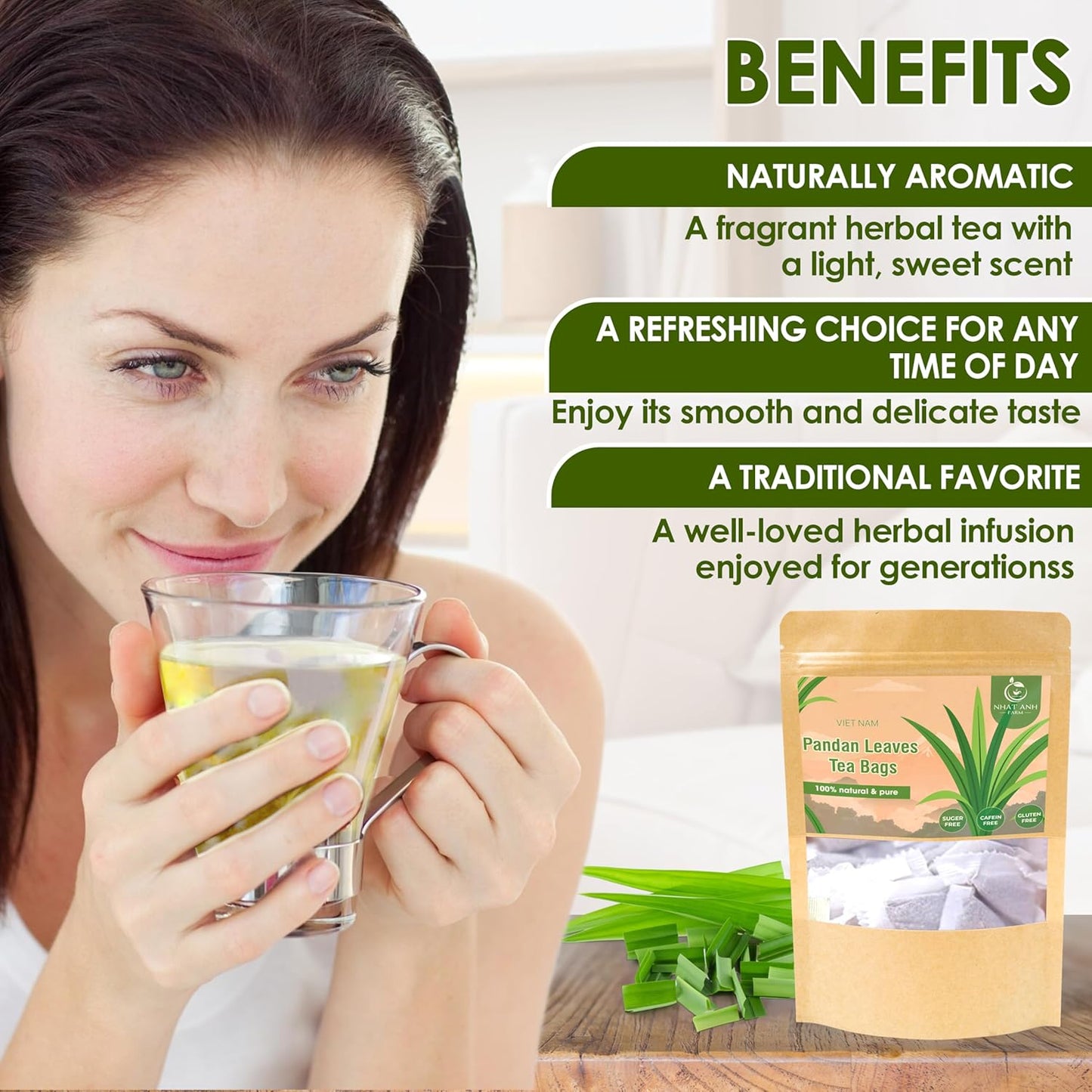 NHAT ANH FARM - Premium Pandan Leaves Tea Bags, 40 Pandan Leaves Tea Bags, 100% Natural Dried Pandan Leaves, Naturally Sweet Herbal Tea, Sugar-Free, Caffeine-Free, No Additives