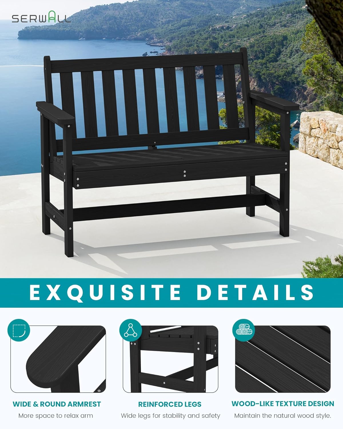 SERWALL Outdoor Bench, HDPE Outdoor Benches Weatherproof, 2-Person Garden Bench with 660 lbs Weight Capacity, Patio Benches for Outdoors, Garden, Porch, Backyard and Park, Black