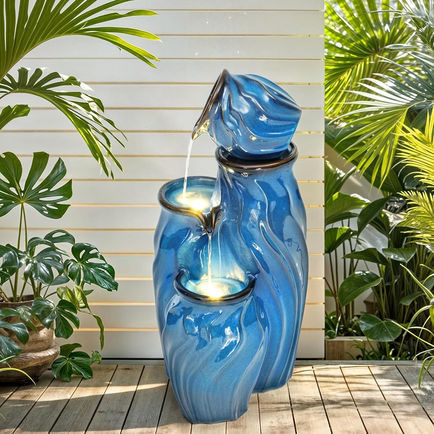 29" Tall Ceramic Outdoor Fountain and Waterfalls, 4-Tier Cascading Jars Water Feature, Tranquil Oasis for Relaxing Garden, Patio, Yard, or Porch Decor, Turquoise, Dynamic Wave-Texture