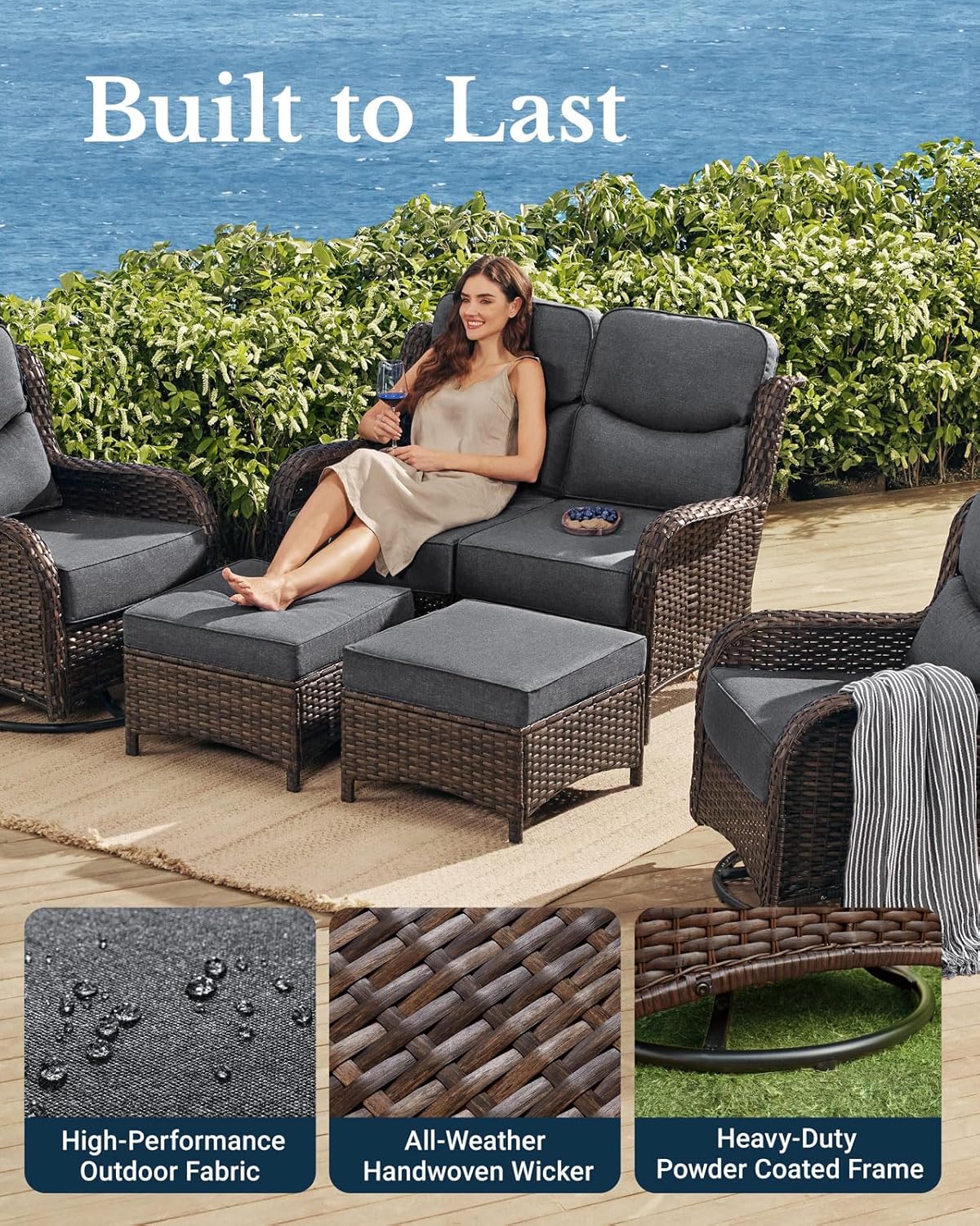 HILLGA Luxury Patio Furniture Set with 6-inch Thick Cushion, Outdoor Loveseat and High Back Swivel Rocker Patio Chairs, 6PCS Wicker Conversation Set for Deck Yard and Poolside, Dark Grey (V2)