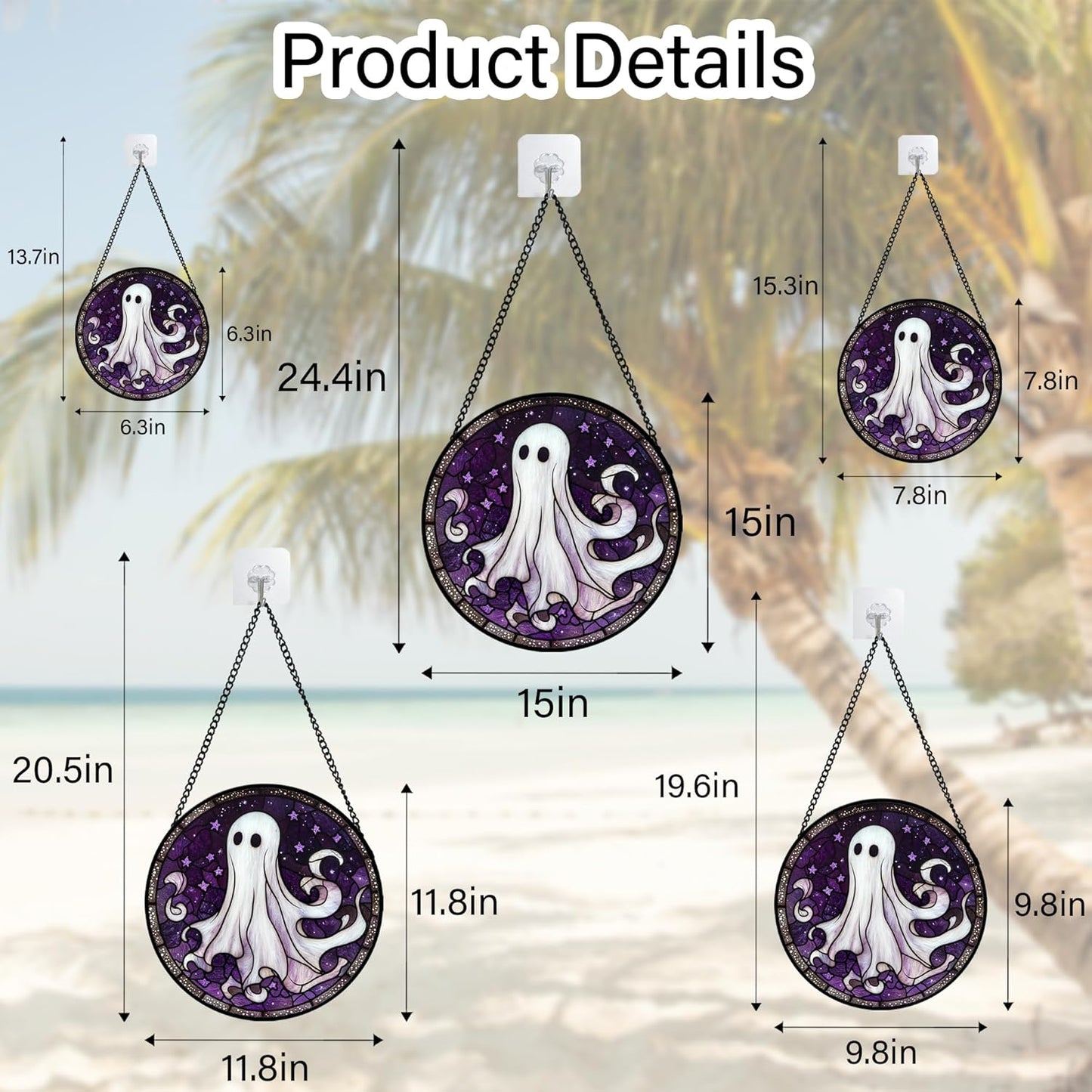 Stained Glass Window Hanging - Halloween Decorations White Ghost Purple Stars Suncatcher for Doors Garden Spooky Funny Sun Catchers Gothic Decor Horror Gifts for Women Men Friend 15 in