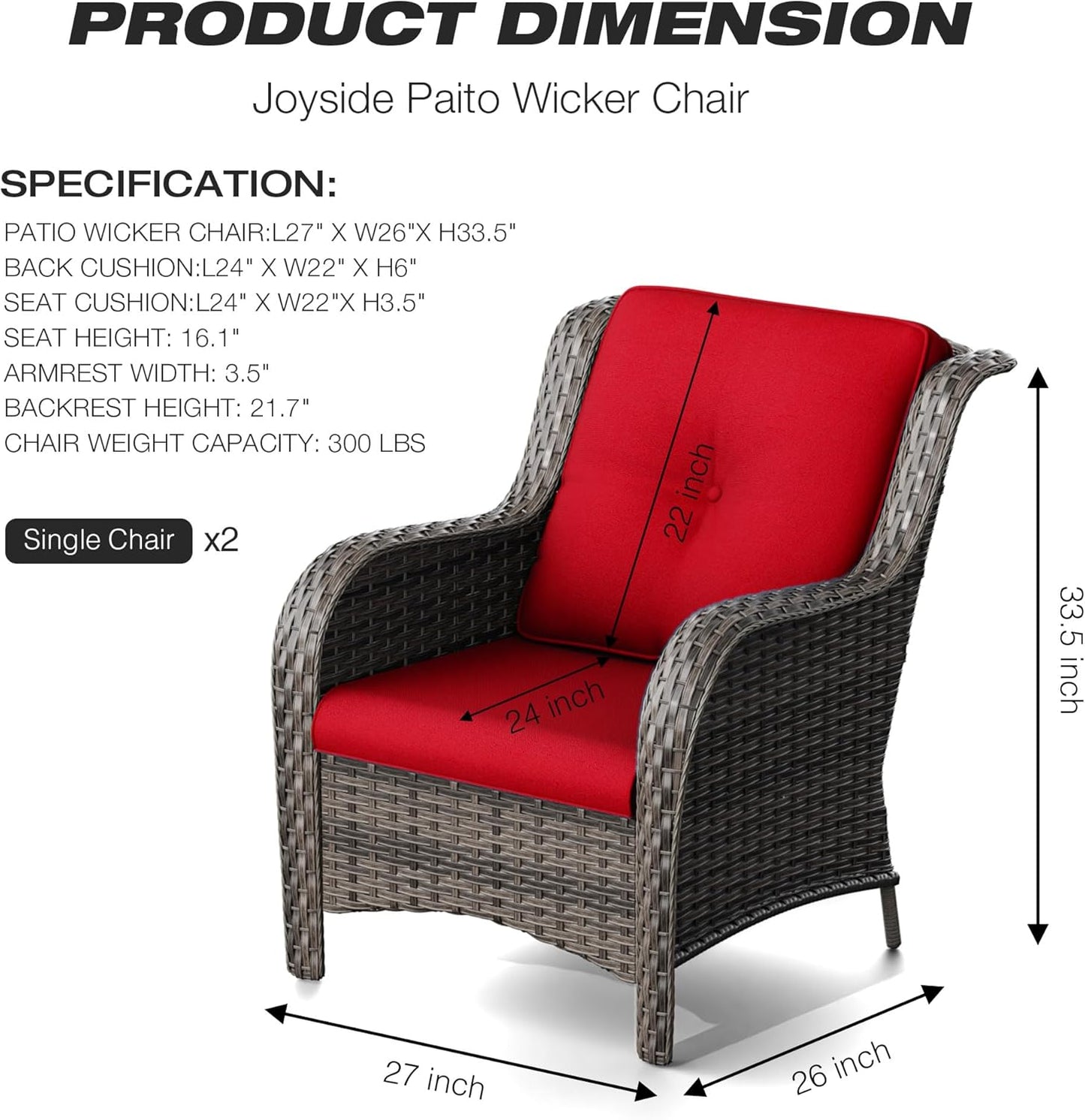 Joyside Outdoor Wicker Chair Rattan Patio Dining Chairs Set of 2 PE Wicker Patio Chairs with 4inch Seat Cushions Outdoor Patio Seating Chair for Garden, Backyard Swimming Pool, Balcony(Mixed Grey/Red)